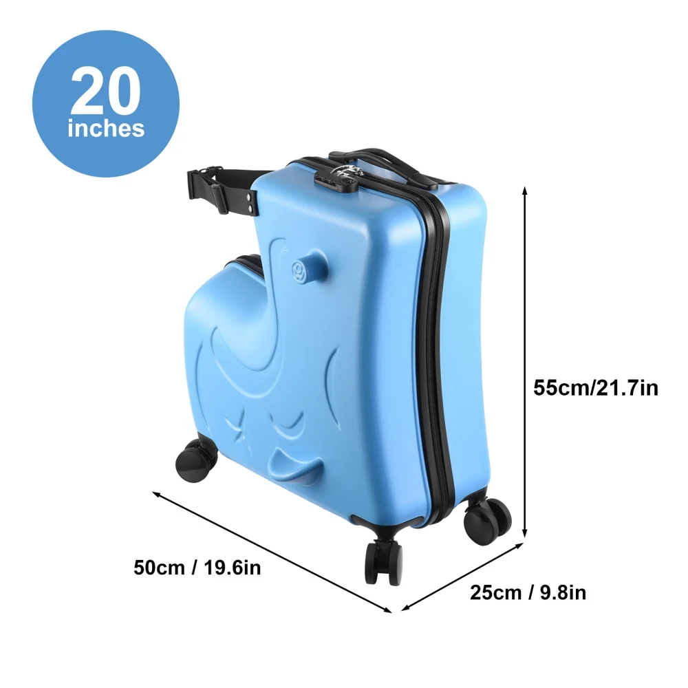 Unisex Ride-On Luggage, 20 Inch Portable Kids Travel Suitcase with Password Lock and Durable Wheels for Summer Camps and Sleepovers (Blue)