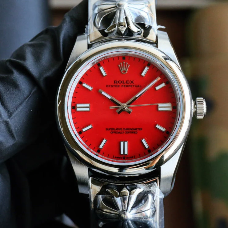 Rolex Watch Oyster Perpetual 41mm Silver Red Dial