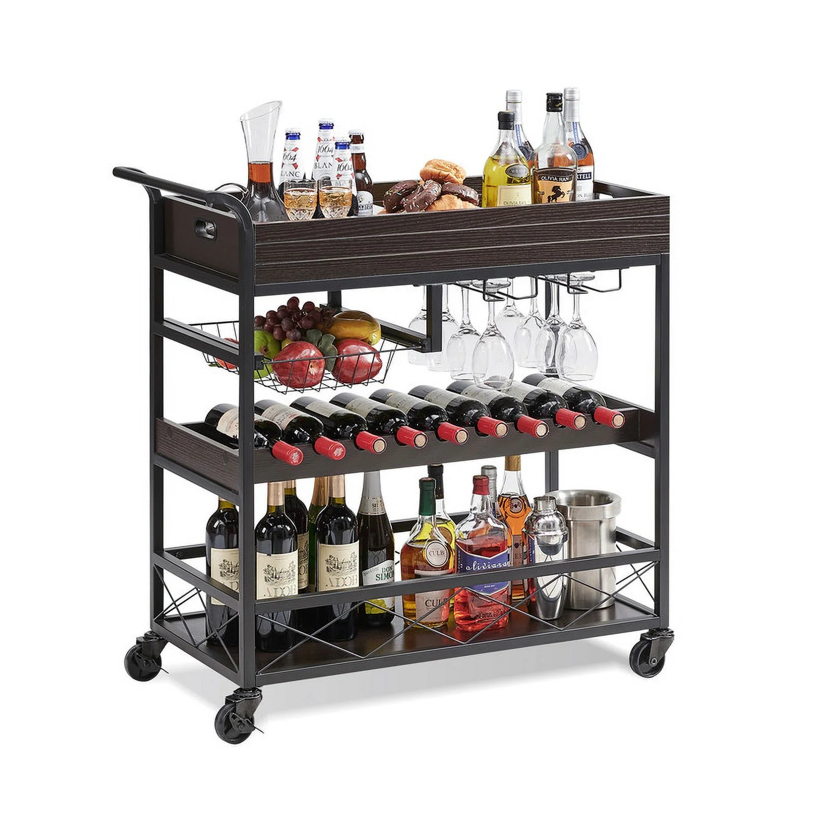 Utopia Alley KF03BZ 3 Tier Kitchen Island Cart on Lockable Wheels with Wine Rack, Glass Holder & Handle for Home