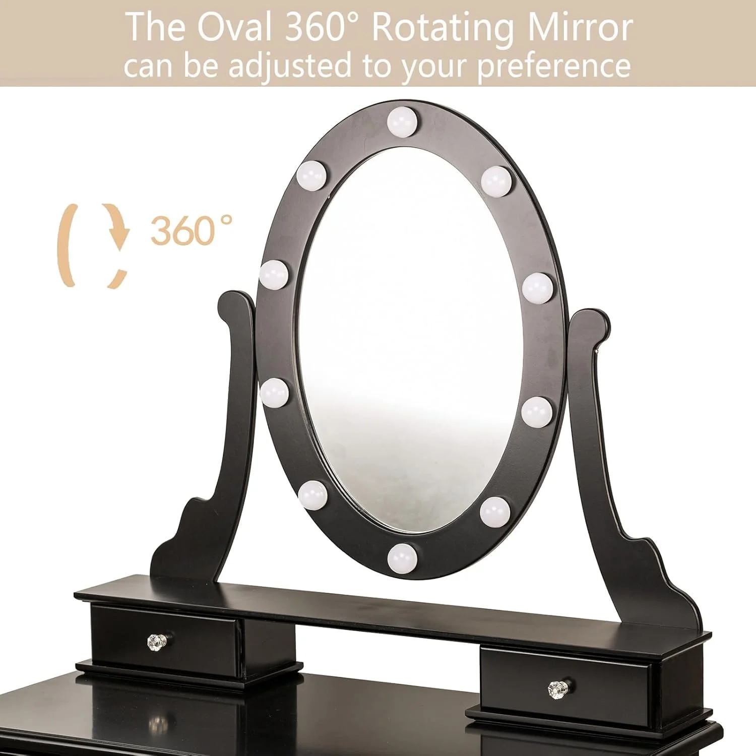 TROPOW Vanity Desk,Makeup Vanity,with Mirror and Lights,Vanity Desk with Mirror and Lights, Wood Makeup Dressing Table Stool with & Oval Mirror 3 Colors Lighting Modes Modern,Black