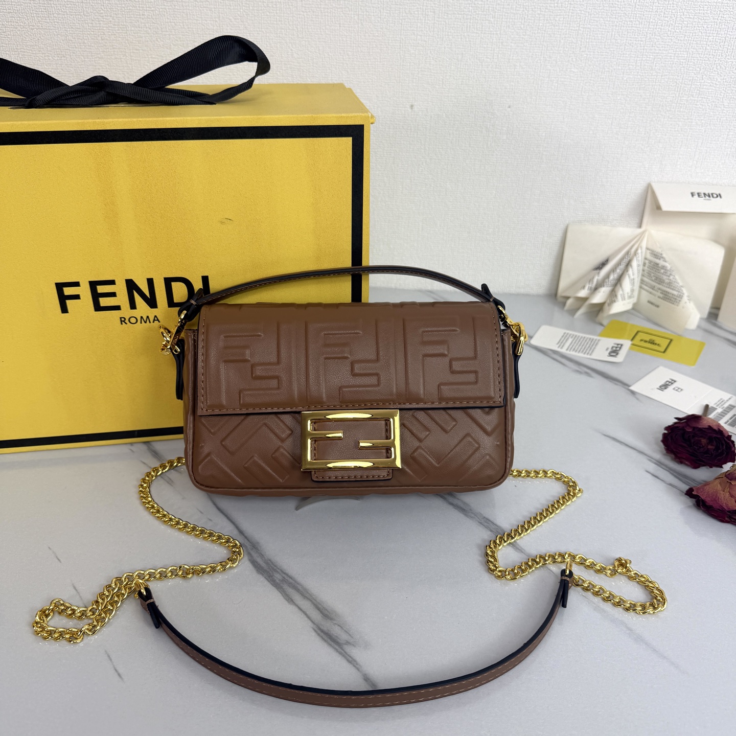 Fendi Baguette Pouch in FF Fabric with Chain