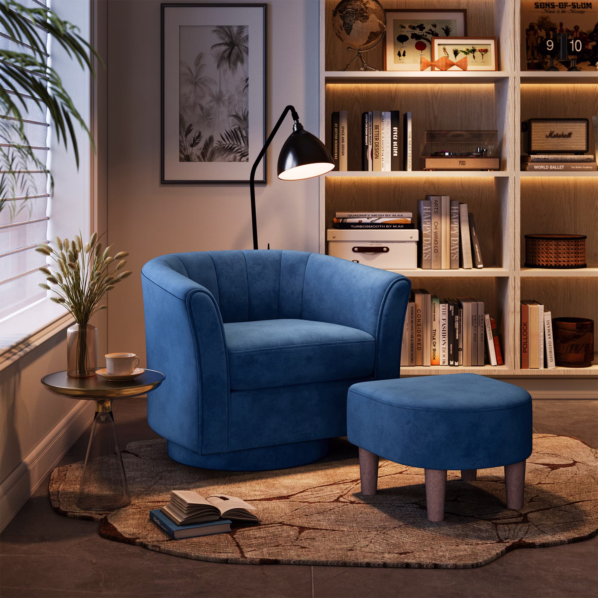 LINSY HOME Swivel Accent Chair with Ottoman, Velvet Barrel Chair for Living Room, Light Grey