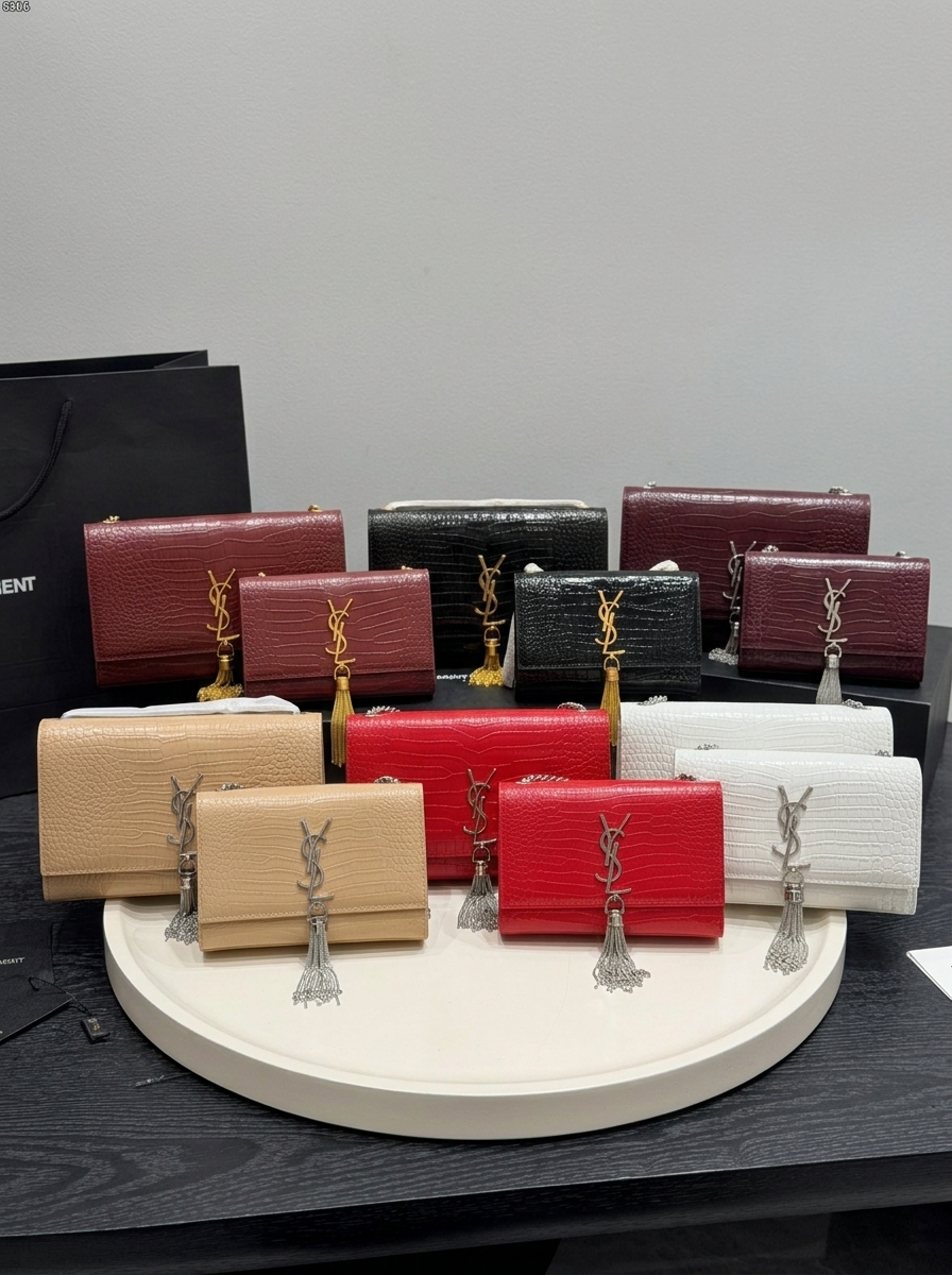 YSL Kate Small& Medium Croc Embossed Leather Chain Gold/Silver Tassel Shoulder Bag