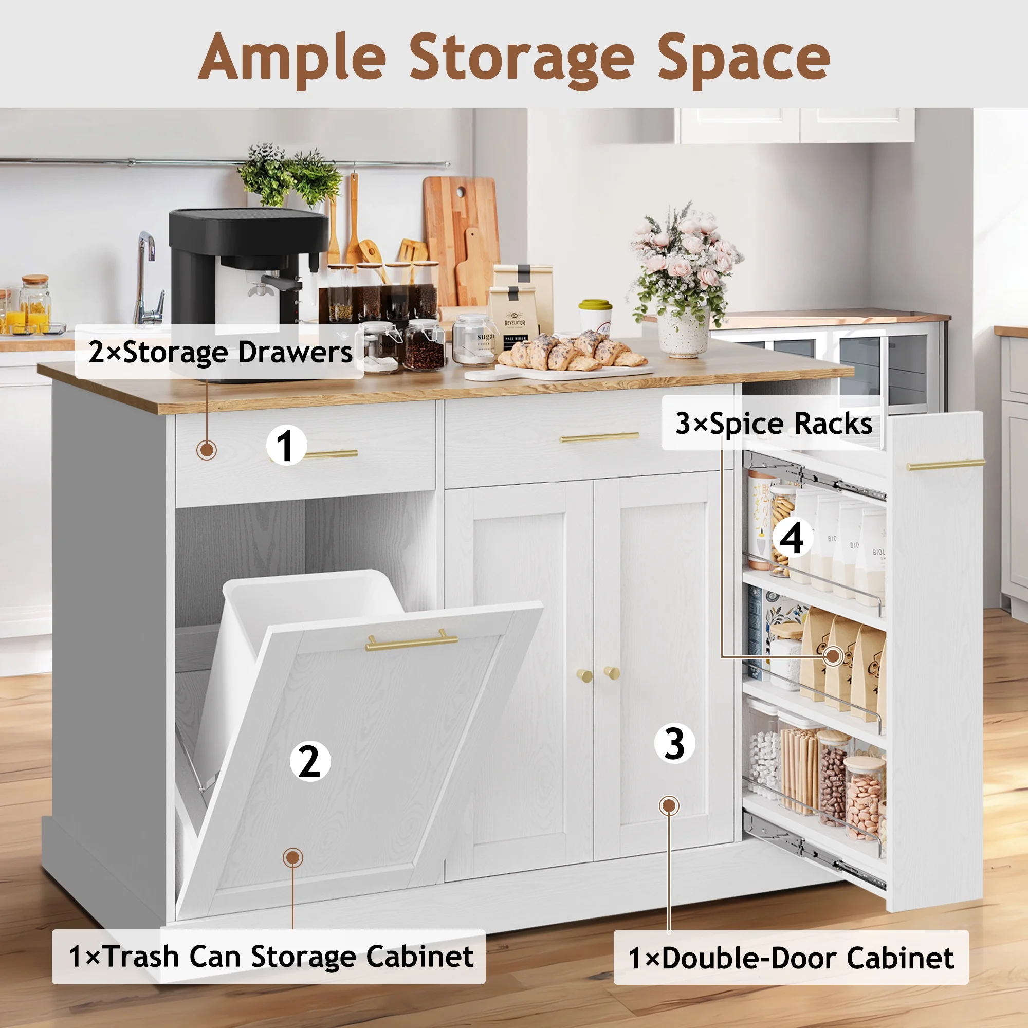 DreamCurship 52" Kitchen Island with Storage, Rolling Kitchen Cart Island with Wheels, Tilt Out Kitchen Trash Cabinet 10 Gallon Storage, 3 Large Spice Racks and 2 Drawers, White