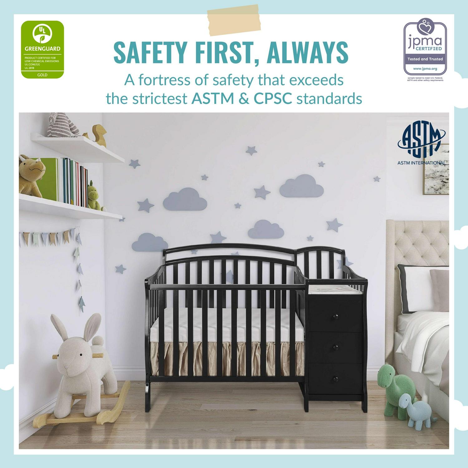 Dream On Me Casco 4-in-1 Mini Crib and Dressing Table. Black