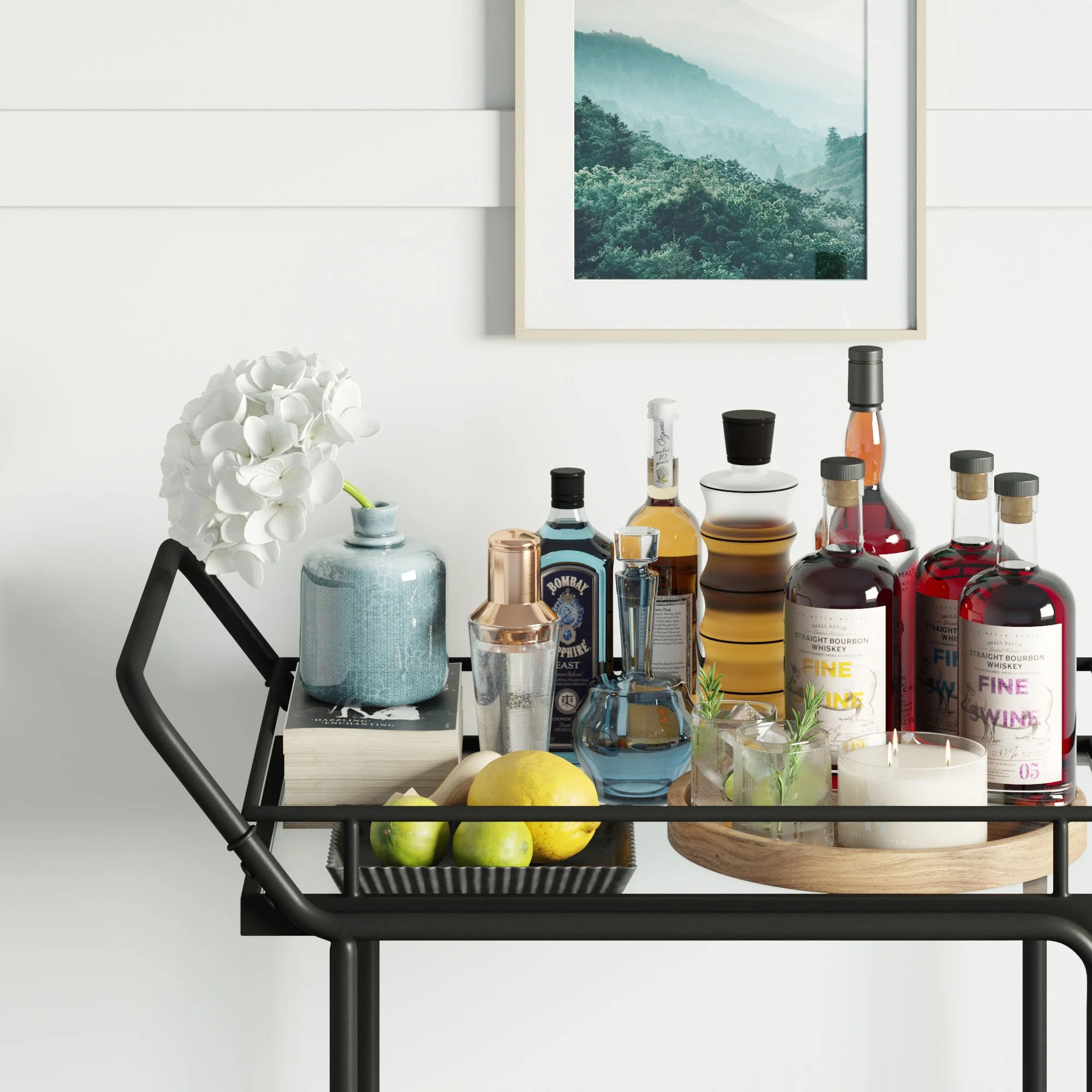 Nathan James Sally 2-Tiered Black Metal Frame Glass Rolling Bar Cart and Tea or Cocktail Cart