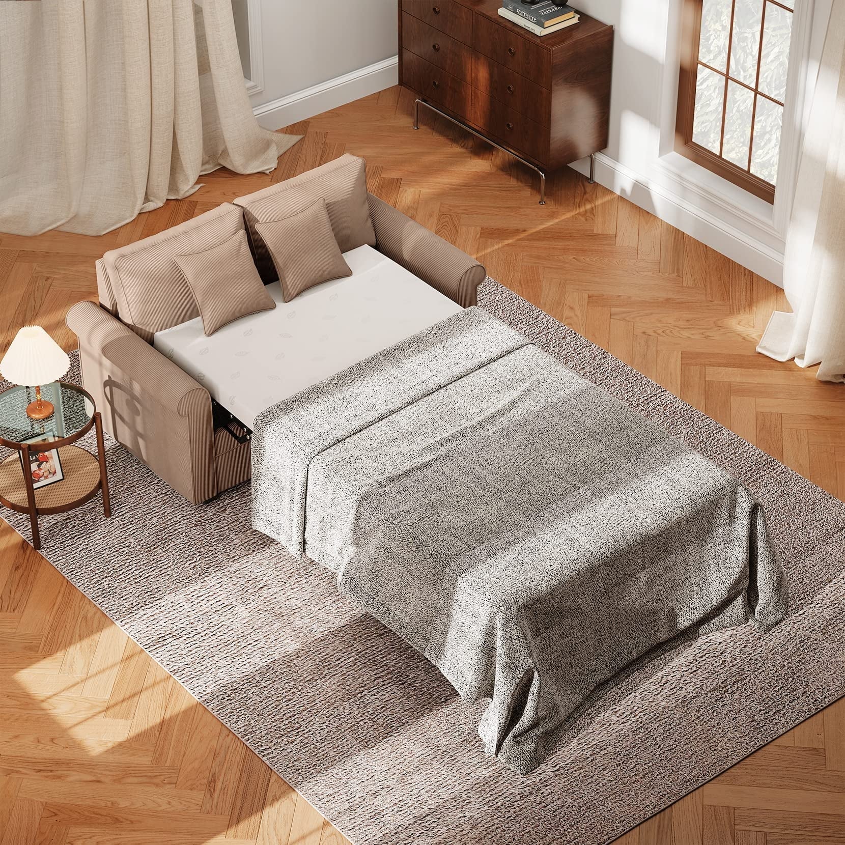 2 in 1 Upholstered Sleeper Sofa, 2 Seater Loveseat Couch, Neche Corduroy Fabric Pull Out Full Size Memory Foam Mattress Futon, Brown