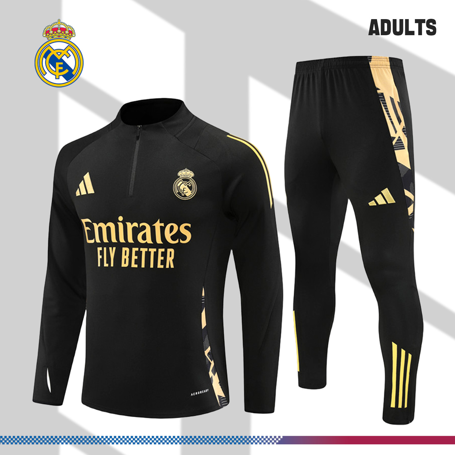 2024/2025 Real Madrid Black Gold Adult Half Zip Training Kit (Adult Kit)