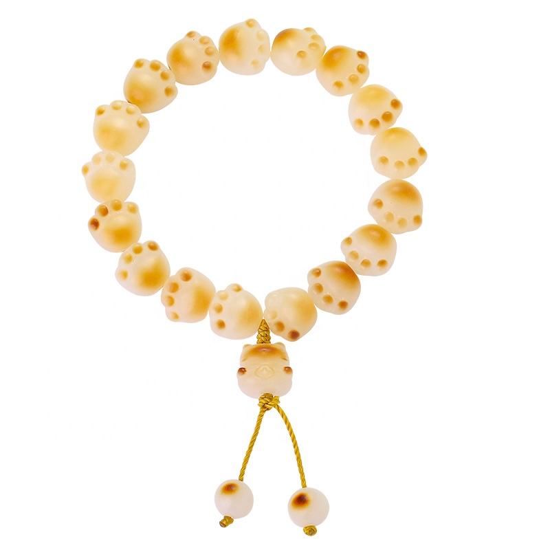 TESA2-White Jade and Bodhi Beaded Bracelet with Cat Claw Charm