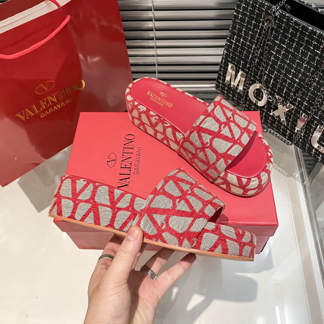 Valentino Toile Iconographe Monogram Canvas Leather VLogo Platform Sandals