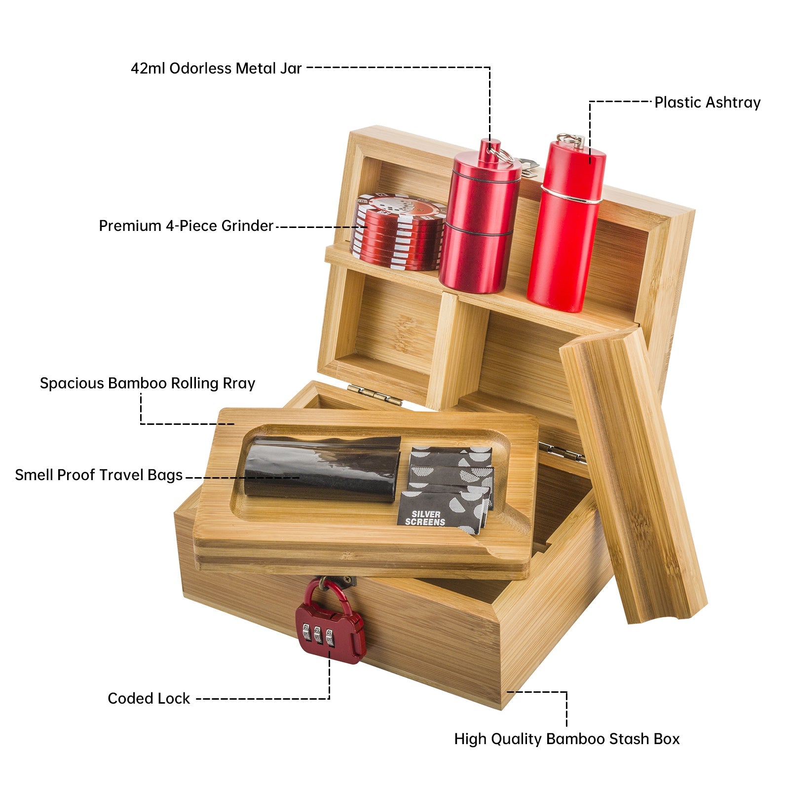 Wooden Stash Box Lock w/ Pink Glass Pipe Quartz Banger Set