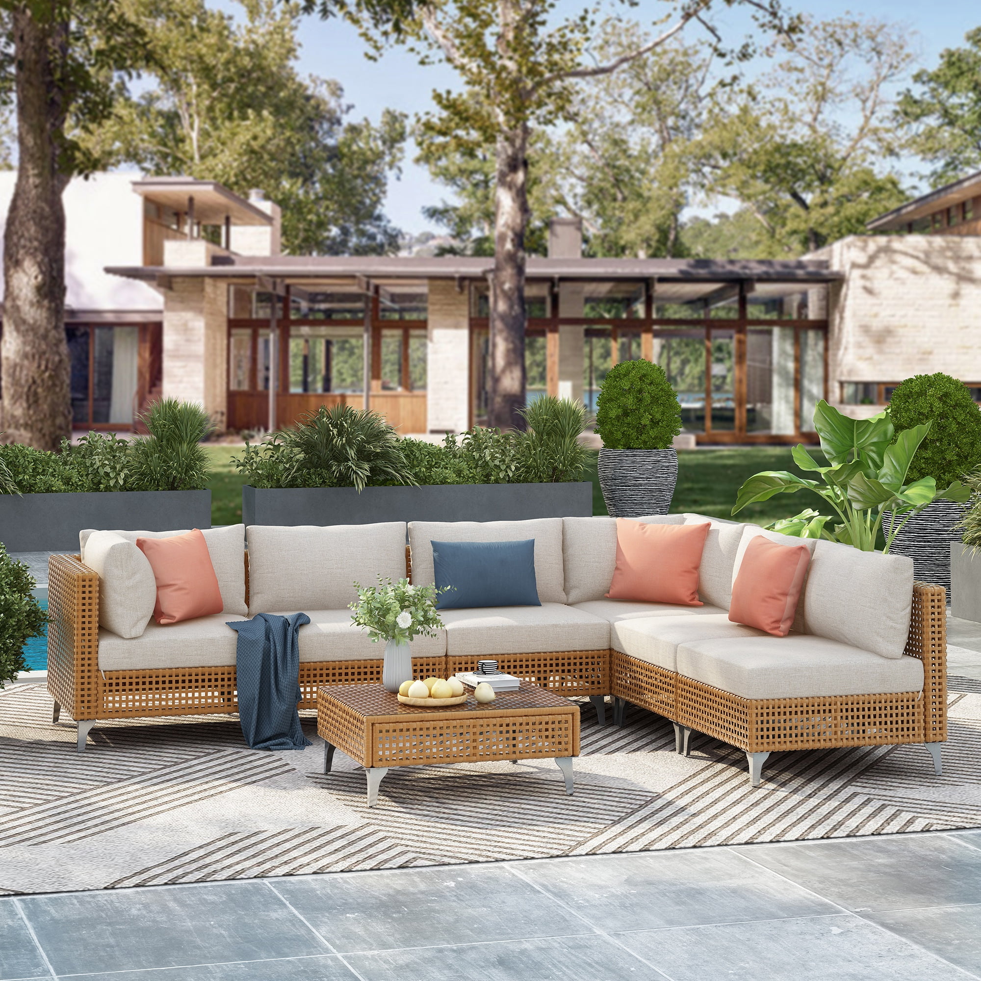 7 Pieces Patio Furniture Set, Wicker Sectional Table and Chairs Sets, Patio Conversation Set with Sectional Chaise Longue, Coffee Table, Suitable for Porch Backyard Garden, Beige
