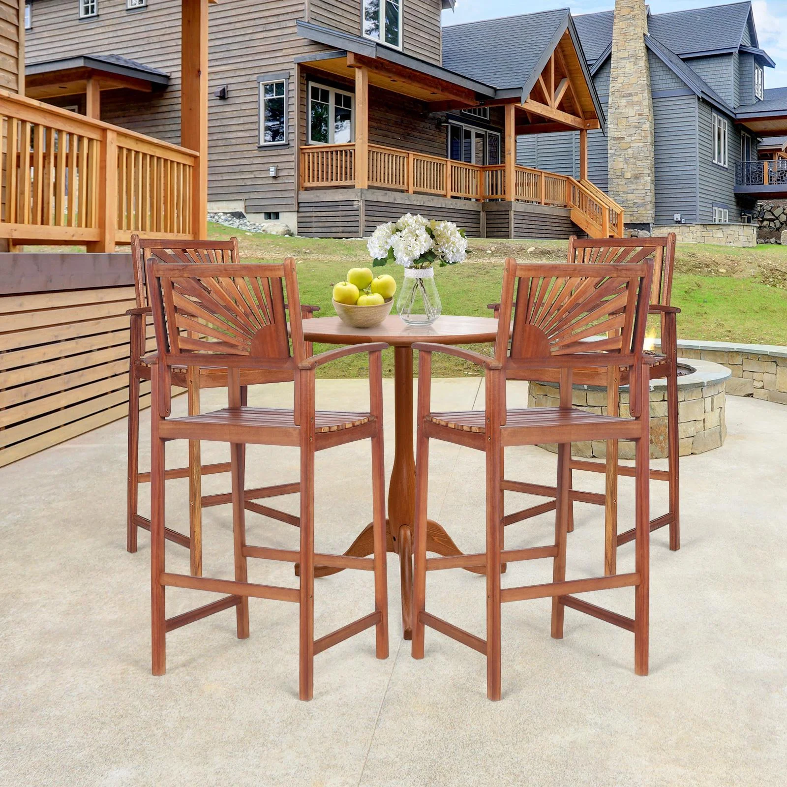 Giantex Patio Bar Stools Set of 4, Outdoor Acacia Wood Bar Chairs with Sunflower Backrest, Curved Armrests & Breathable Seat, Ideal for Balcony, Sunroom, Patio, Easy Assembly
