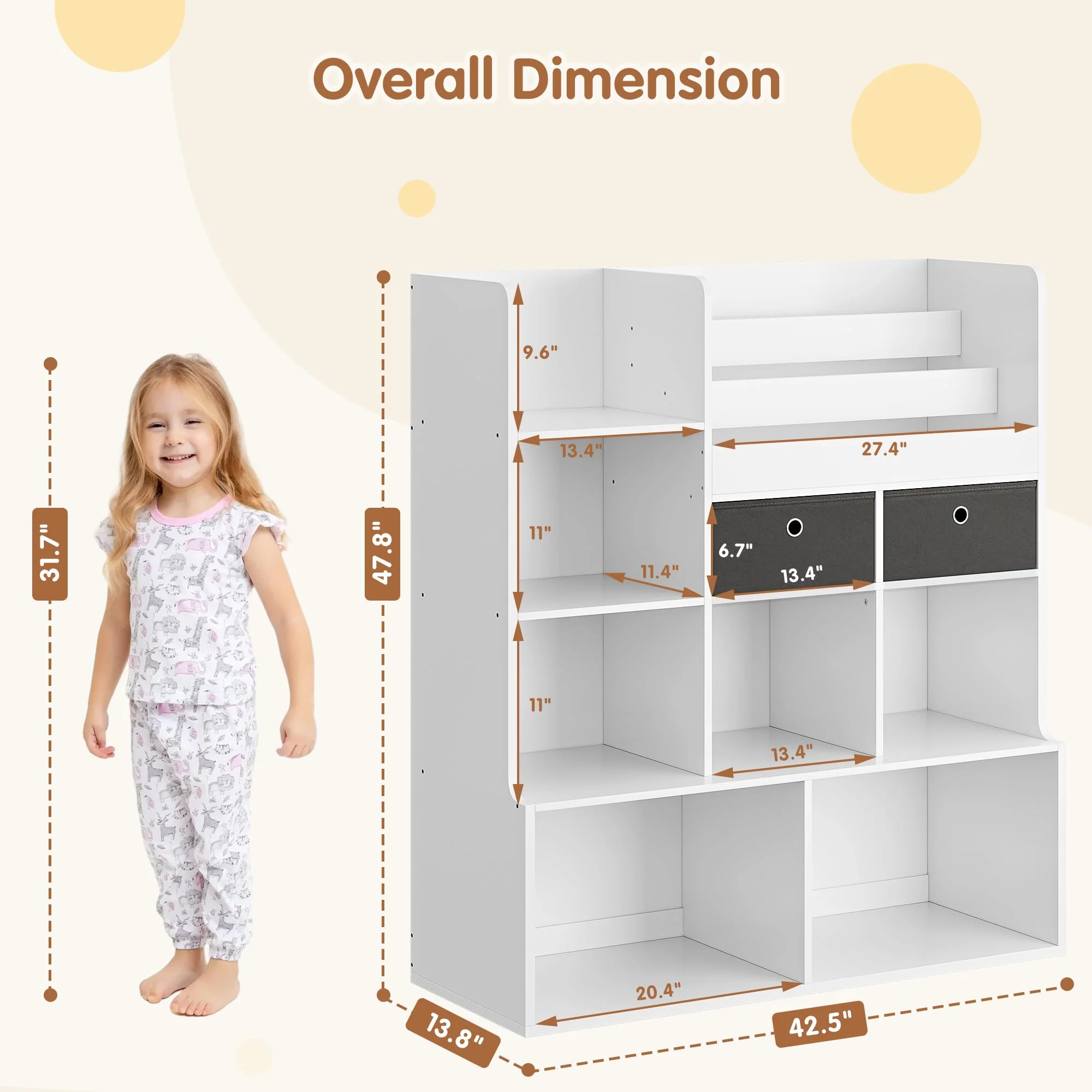 Toy Storage Organizer 47.8in Kids Bookshelf with Drawers Modern Bookcase with Cubbies Floor Storage Cabinet Wooden Toy Chest Playroom, Classroom, Nursery, Kids Room (White)