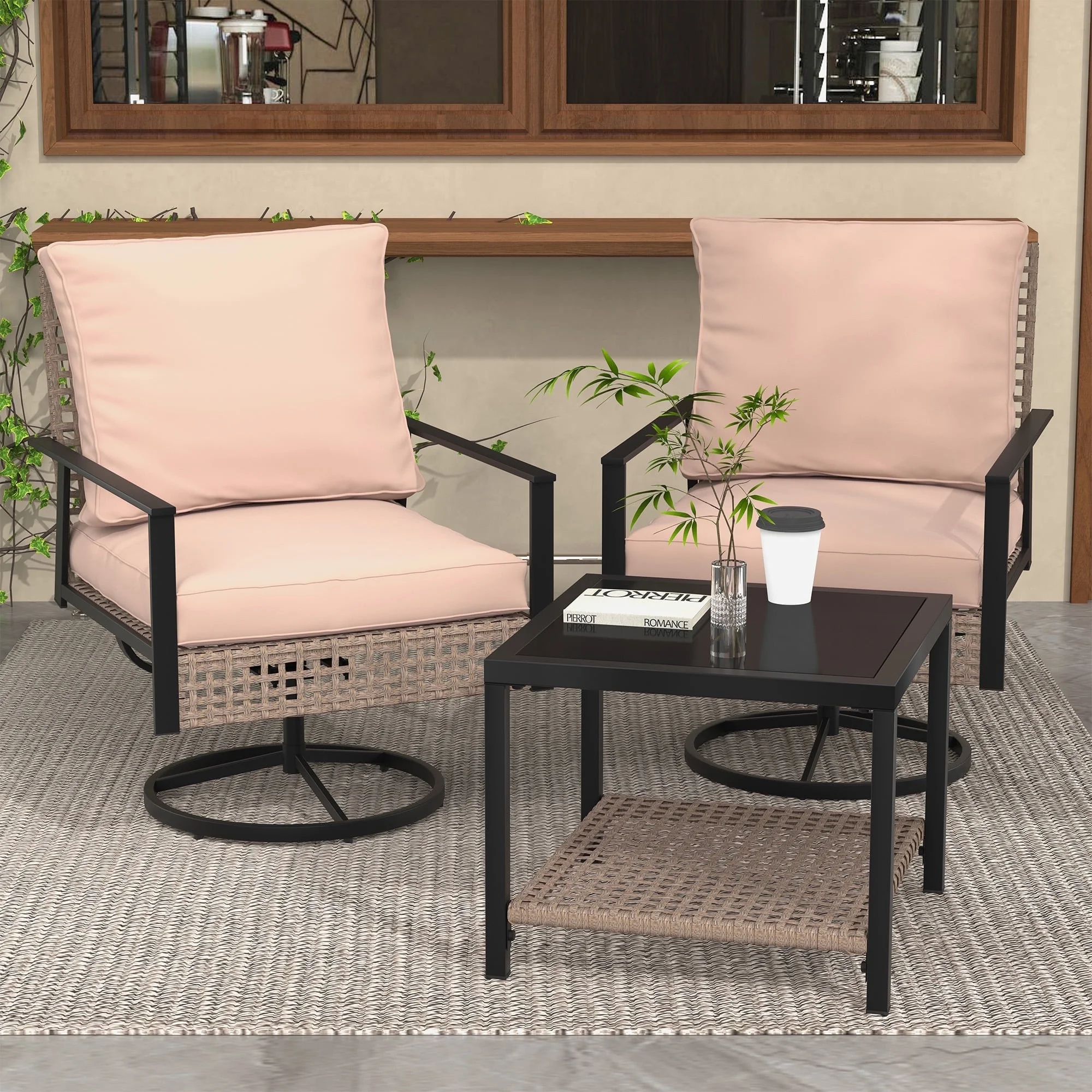 Ainfox Premium Patio Swivel Bistro Set,3-Piece Ourdoor Furniture Set,Wicker Rattan Coversation Rocking Chairs w/Glass Top Table & Cushions,Khaki
