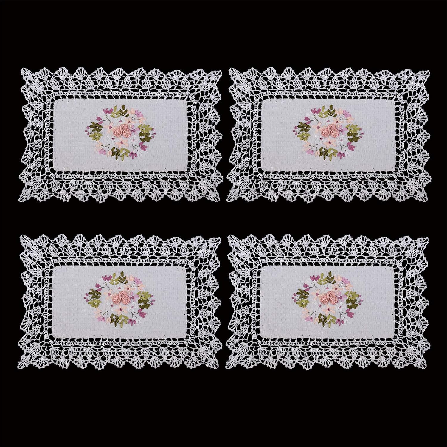 Handmade Crochet Cotton Lace Table Runner Dresser Scarf, Ribbon Embroidery (17 x 72 inches)