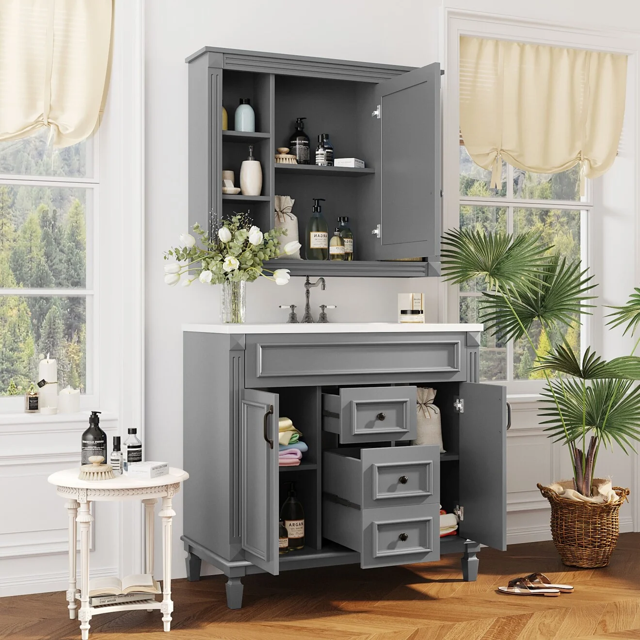 Modern Bathroom Cabinet Set with Top Sink,  Bathroom Vanity with Wall Mounted Bathroom Storage Cabinet, 2 Soft Closing Doors, 2 Drawers, Water-Resistant Paint, Grey