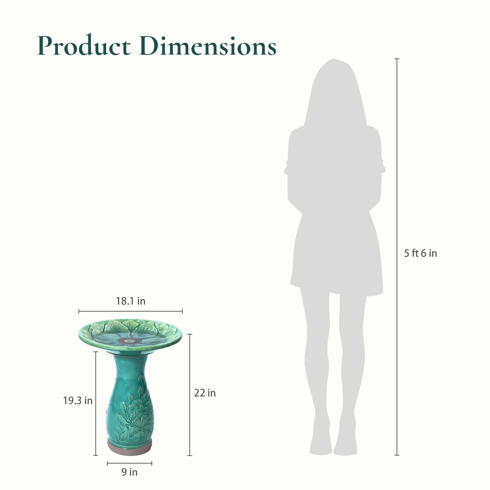 LuxenHome 23 Inch Ceramic Bird Bath for Outside, Elegant Tall Outdoor BirdBath with Floral Embossed Design