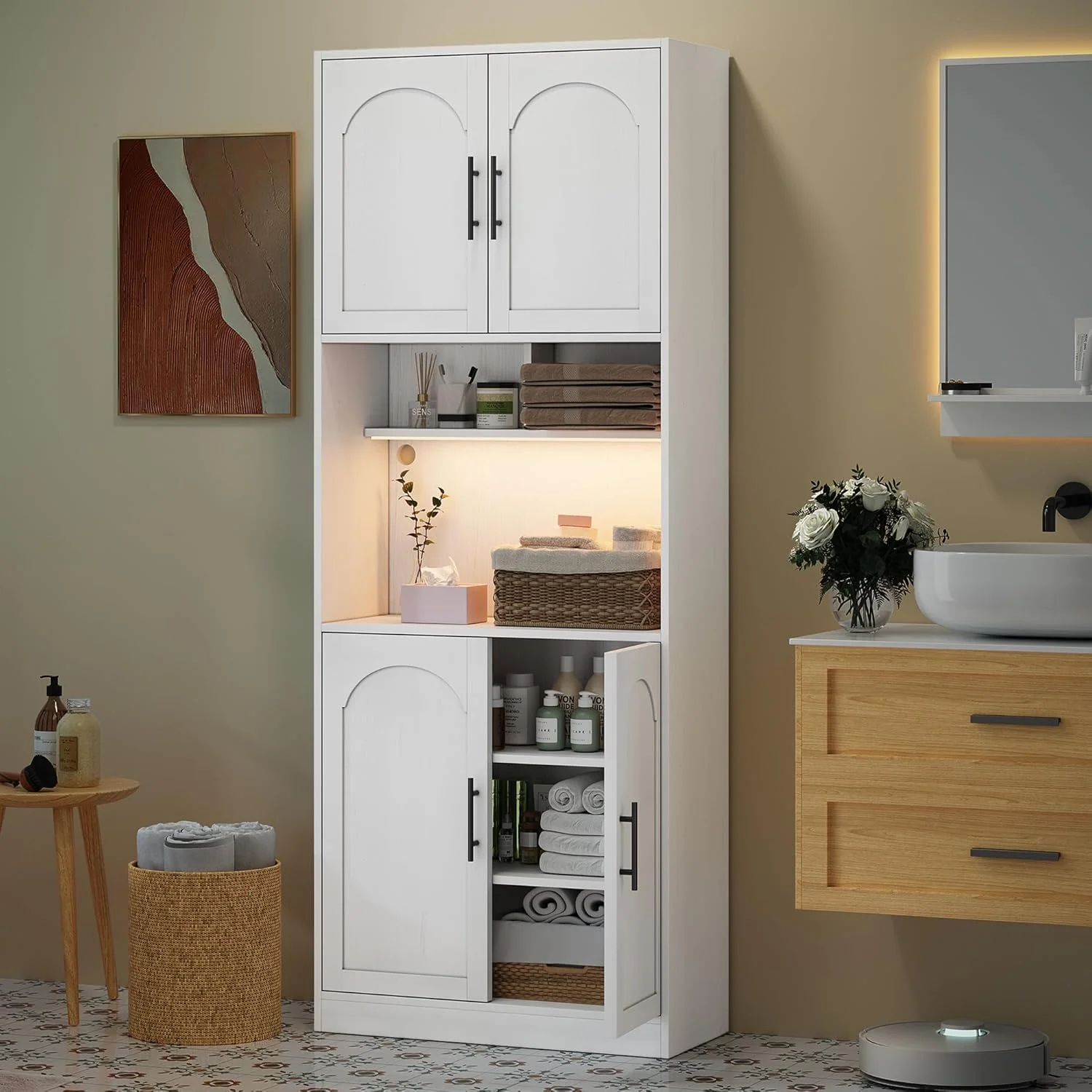 71�� Tall Kitchen Pantry Storage Cabinet with Microwave Shelf and LED Light, Storage Cabinet with Door and Shelve, Hutch Cabinet with Storage for Dining Room, Living Room, Bathroom, White