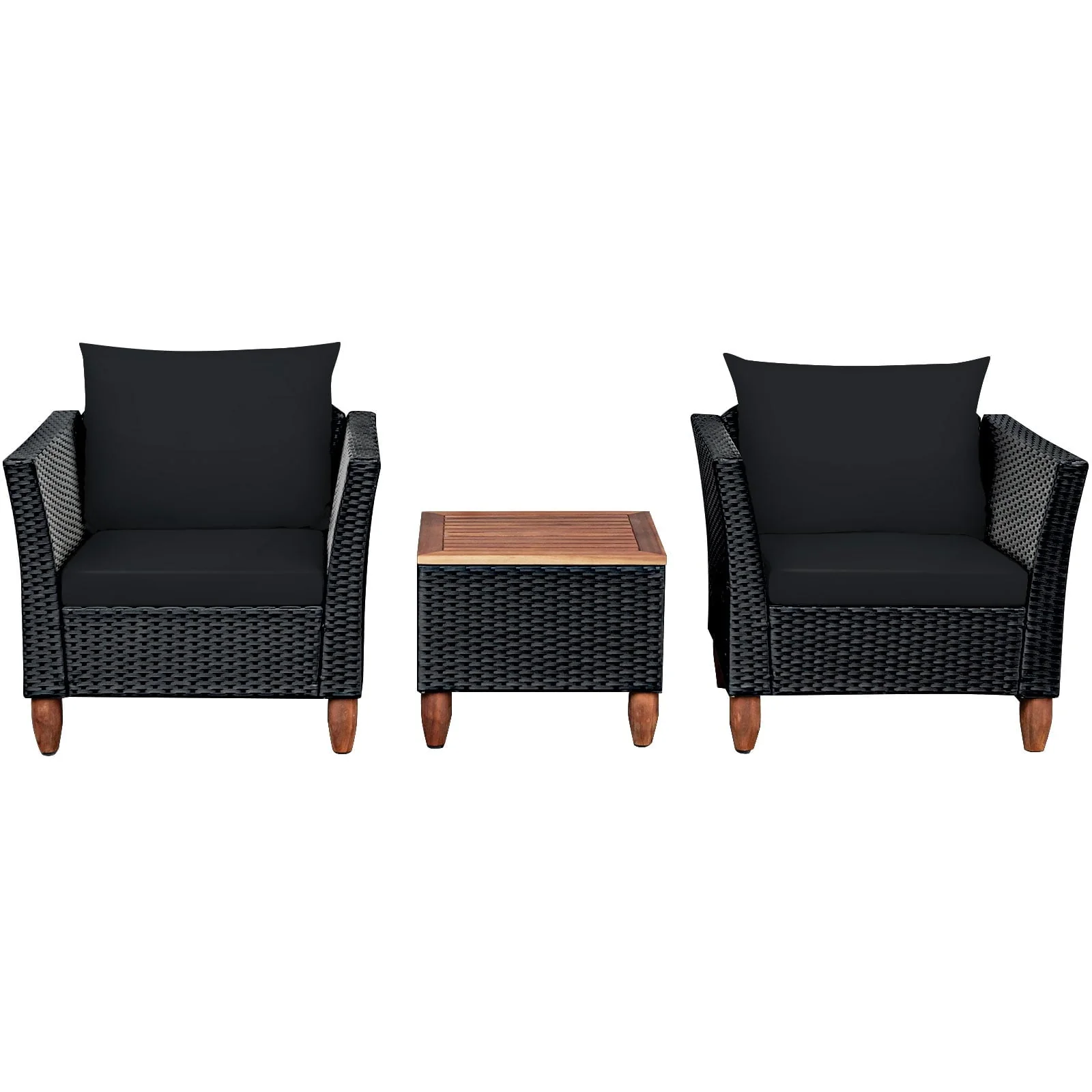 Costway 3PCS Outdoor Patio Rattan Furniture Set Wooden Table Top Cushioned Sofa Navy