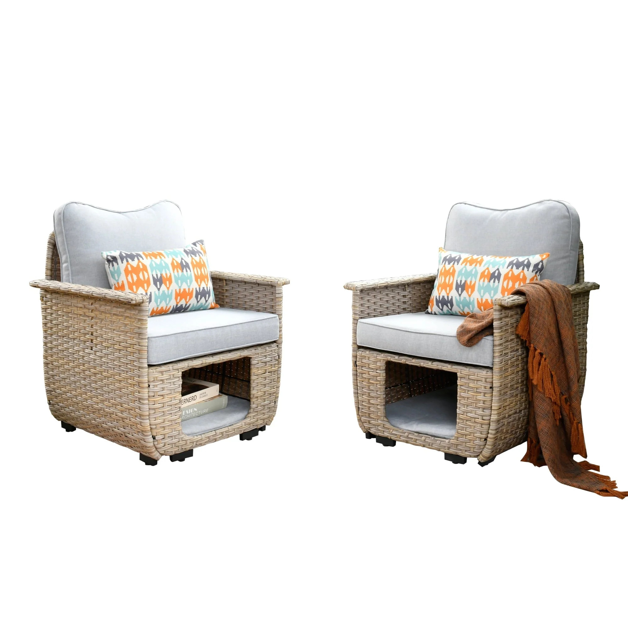 Ovios 2 Pieces Outdoor Furniture All Weather Wicker Patio Conversation Single Chair Set with Storage Box for Garden Backyard