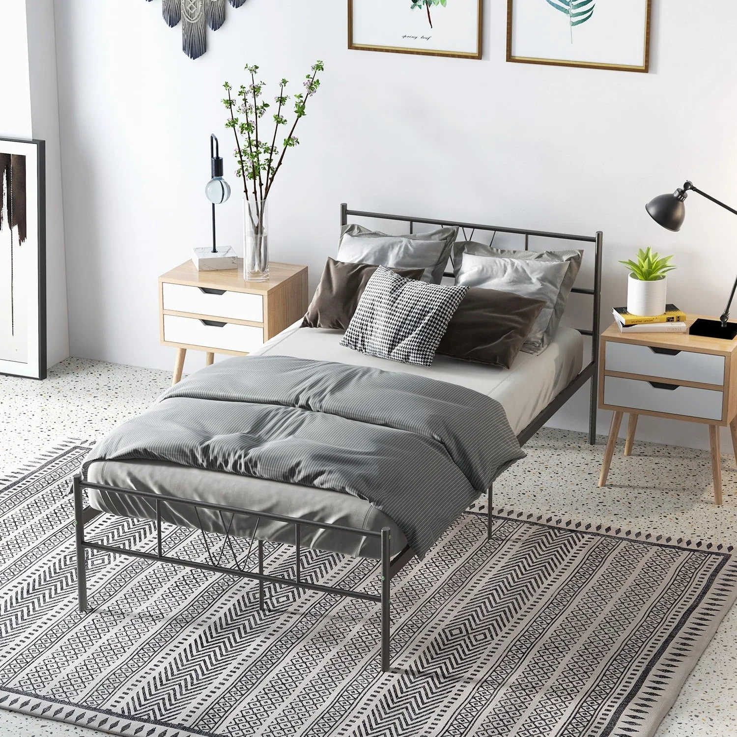 Twin Size Metal Bed Frame, No Box Spring Needed, Noise Free Carbon Steel Bed Foundation, Child, Black