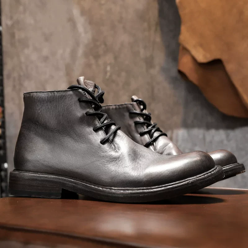Premium gray men's first-layer cowhide desert boots