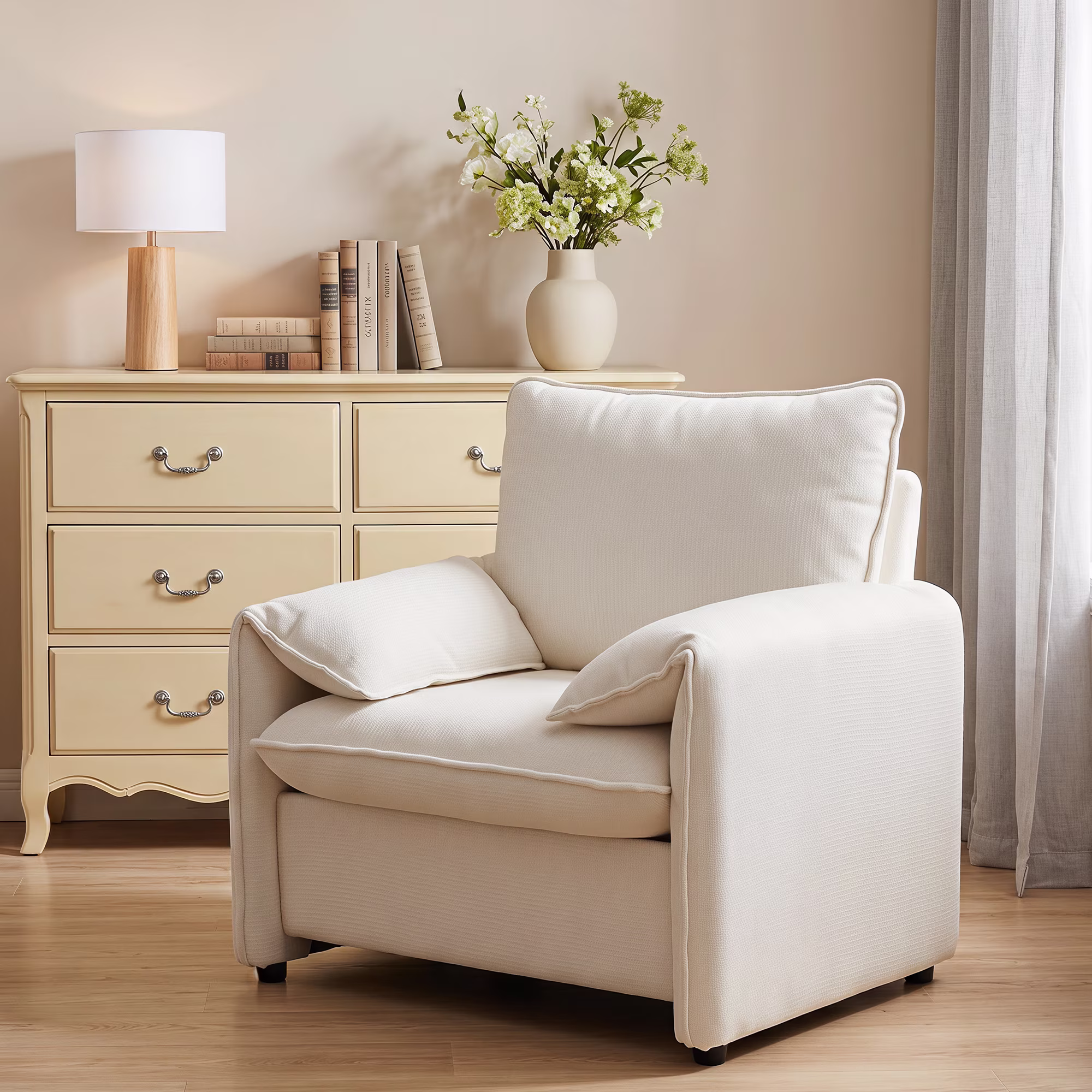 Melocadol Oversized Ergonomic Accent Arm Chair, High Density Foam Single Lounge Sofa, 350 LBS Weight Capacity, Upholstered Leisure Chair for Living Room Bedroom, Beige