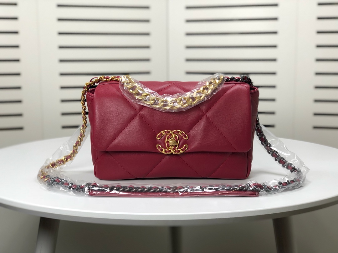 Chanel Calfskin Quilted Chanel 19 Flap Dark Red -Golden - Bag
