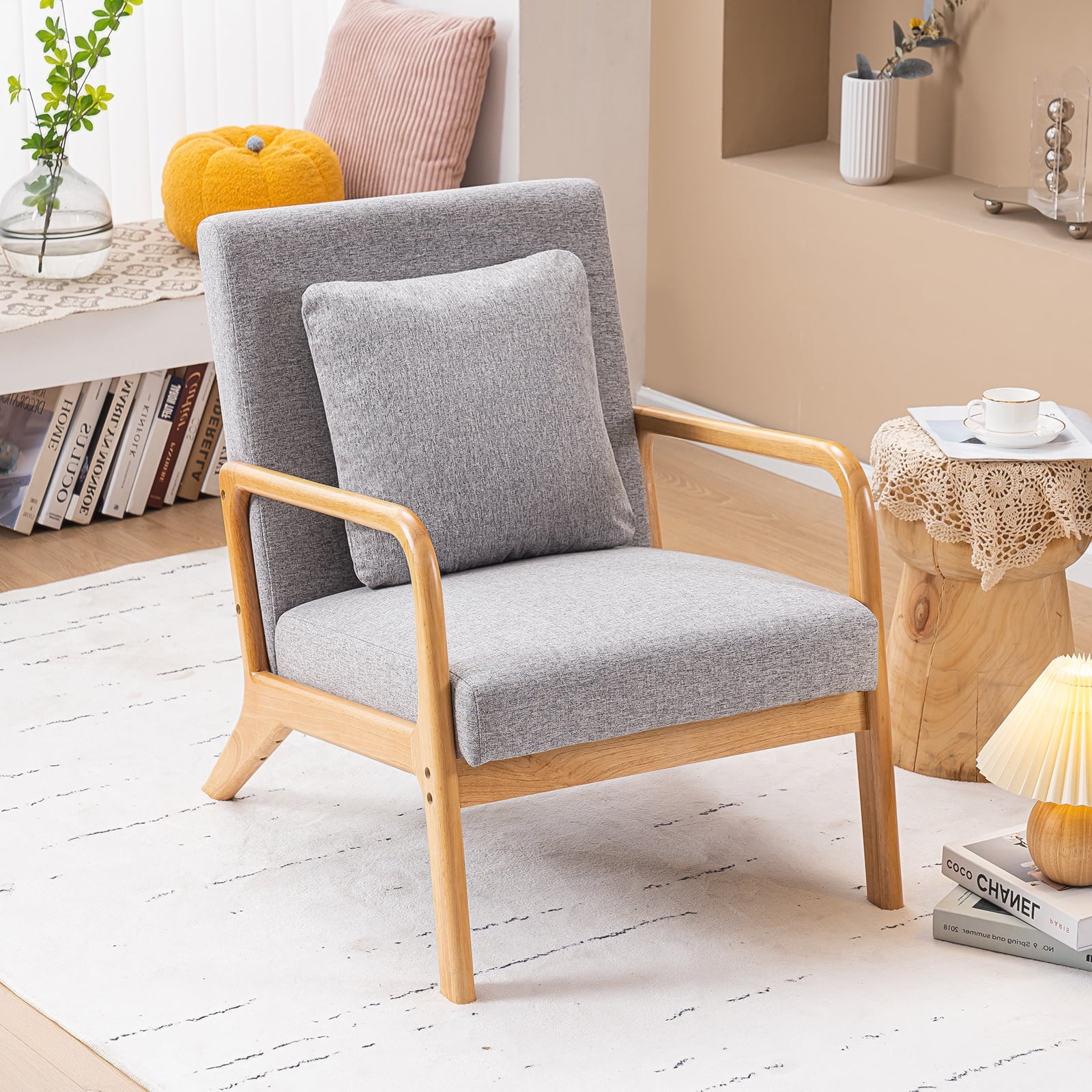 JULY'S SONG Mid Century Modern Accent Chair, Linen Upholstered Lounge Chairs for Living Room,Reading Armchair for Bedroom,25.6��W Fabric Comfy Chair with Wood Frame,Gray