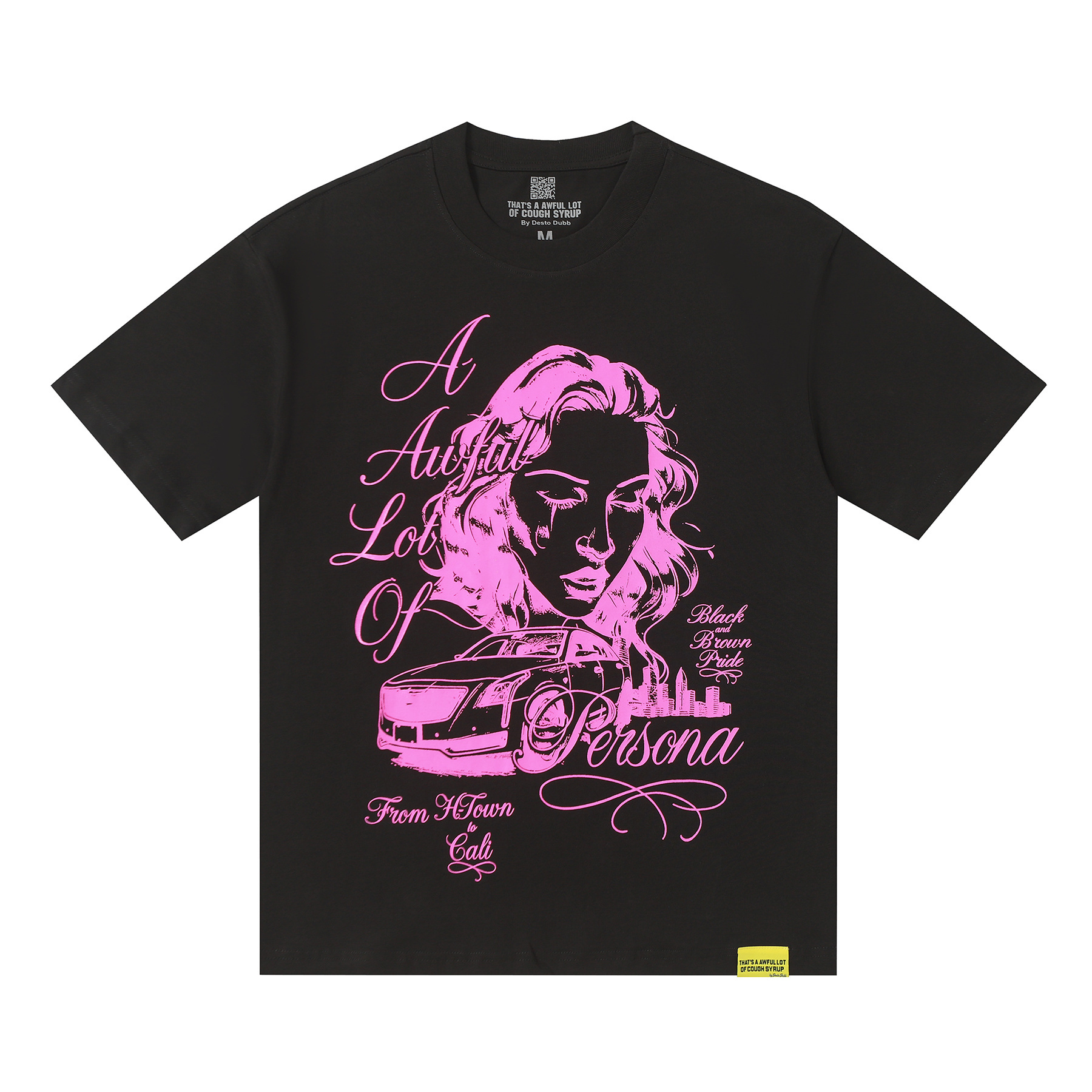 Black and rose red color matching crying curly hair woman car print short-sleeved T-shirt