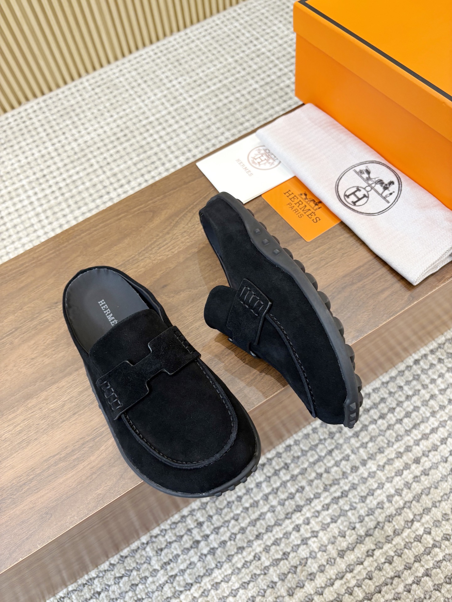 Hermès Black H Cut-Out Suede Leather Go Loafer Mules