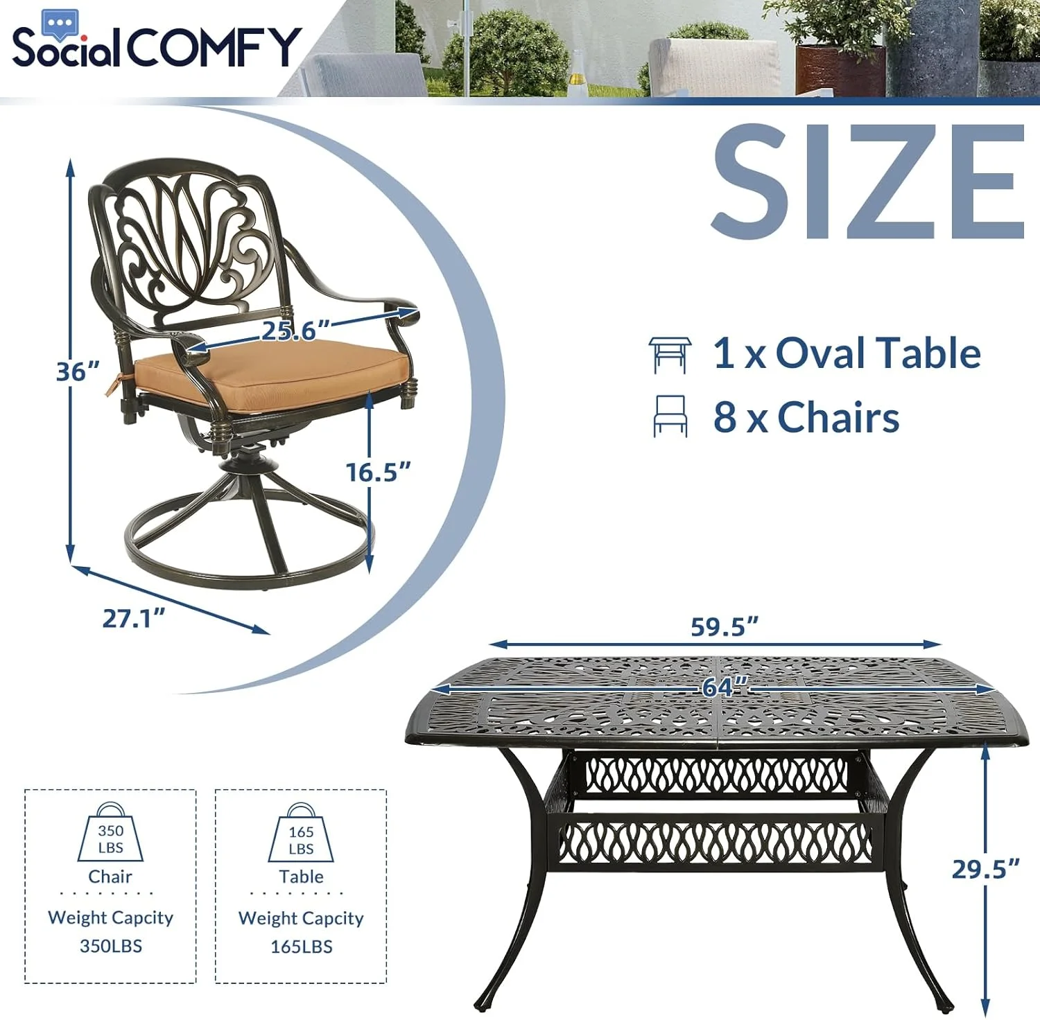 9-Piece Patio Cast Aluminum Dining Set, Outdoor Dining Furniture Set for 8 Person, Includes 64" Square Table and 8 Swivel Rocker Chairs with Umbrella Hole for Patio Deck Garden, Tan
