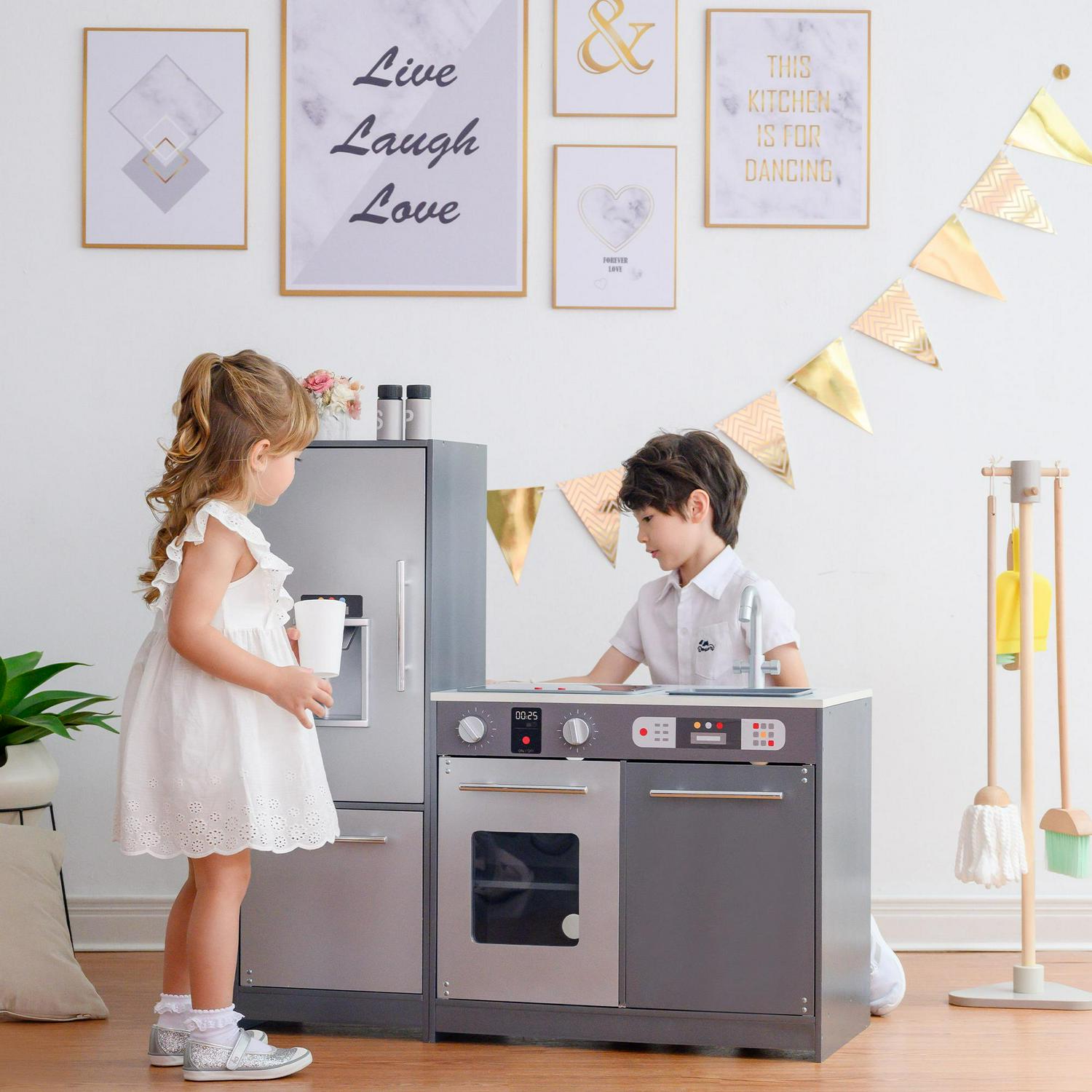 Teamson Kids Milano Kids Wooden Play Kitchen &amp; 10 Accessories Grey TD-13397B