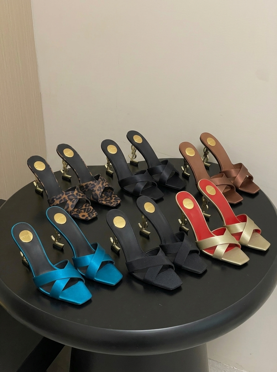 YSL Opyum 85 YSL Logo Satin & Leopard Print Square Toe Crisscross Cassandre Heel Mule Sandals