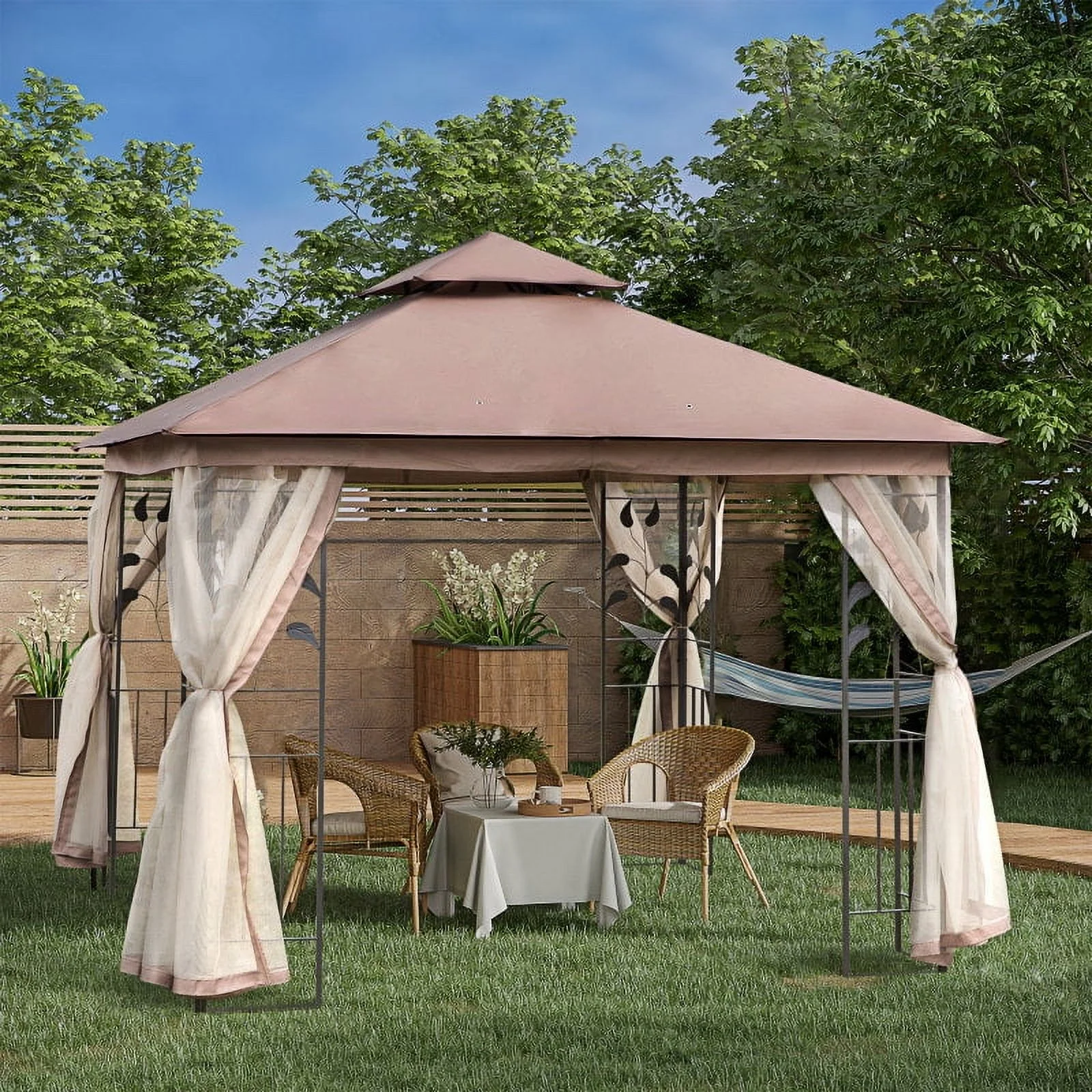 Outsunny 10' x 10' Metal Patio Gazebo, Double Roof Outdoor Gazebo Canopy Shelter with Tree Motifs Corner Frame and Netting, for Garden, Lawn, Backyard, and Deck, Brown On-Site
