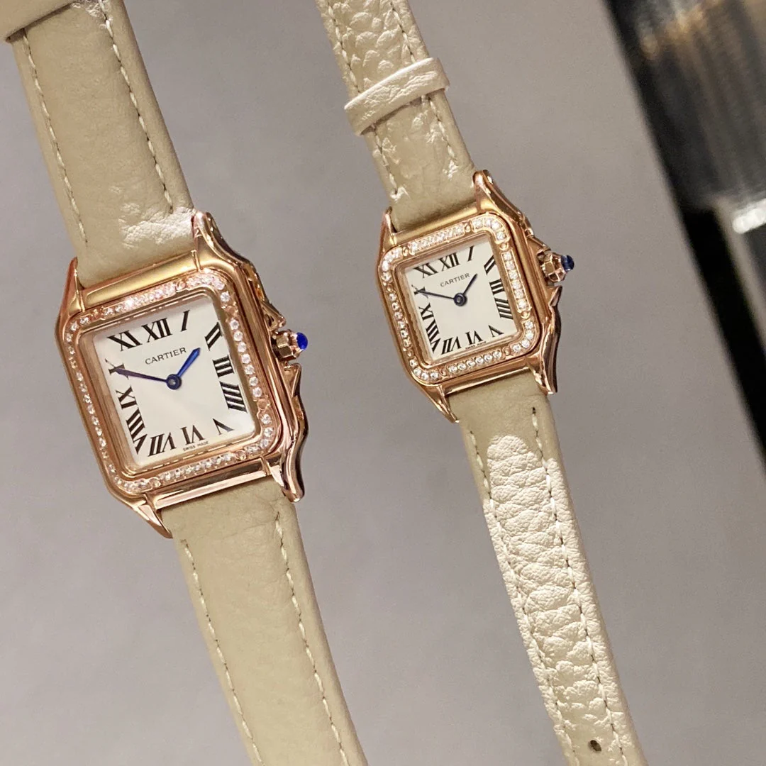 Cartier Watch PANTHERE DE CARTIE DIAMOND BEZEL ROSE GOLD BEIGE LEATHER