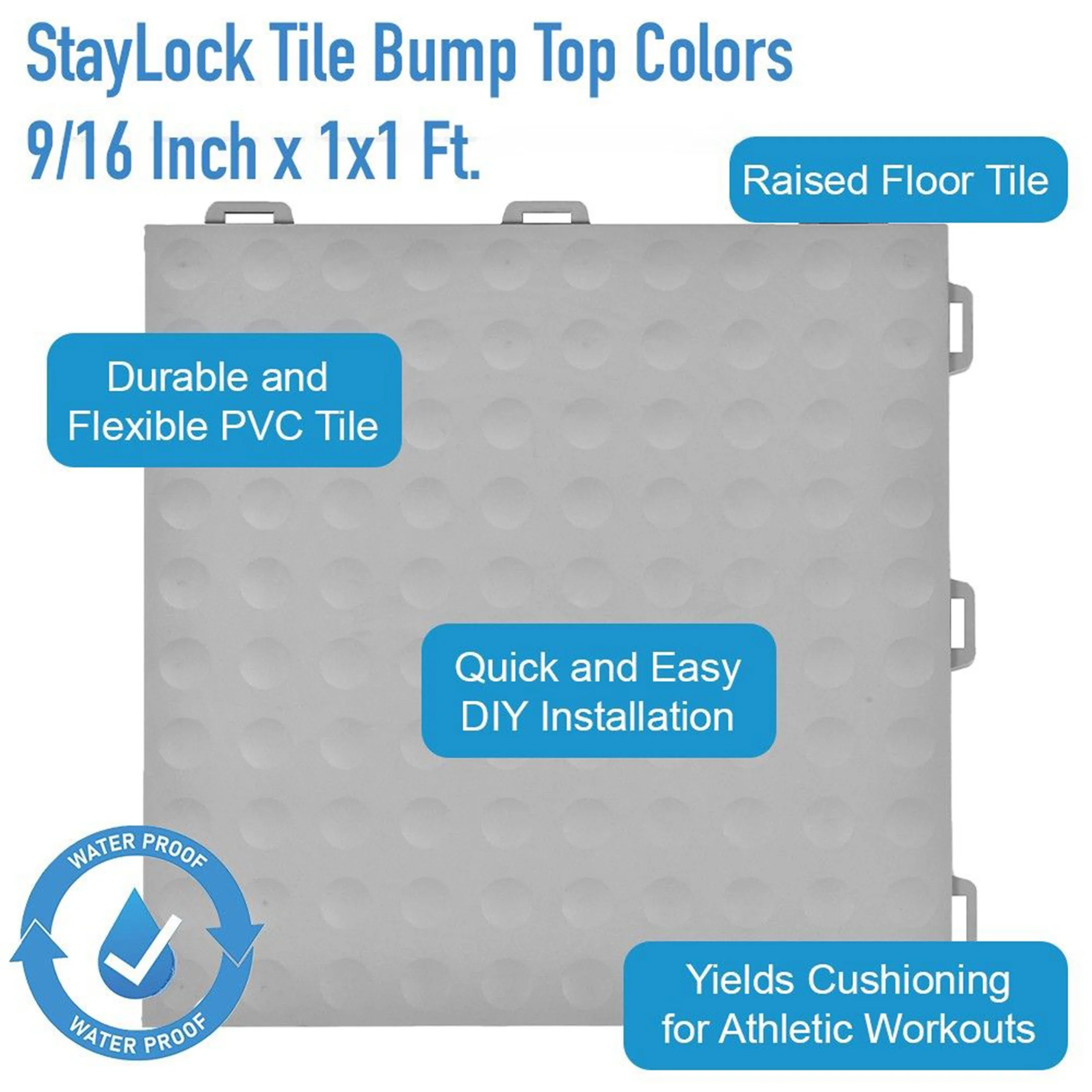 Greatmats StayLock Home Gym Bump Top Anti-Fatigue Commercial Waterproof PVC Floor Tile, Gray, 26 pack