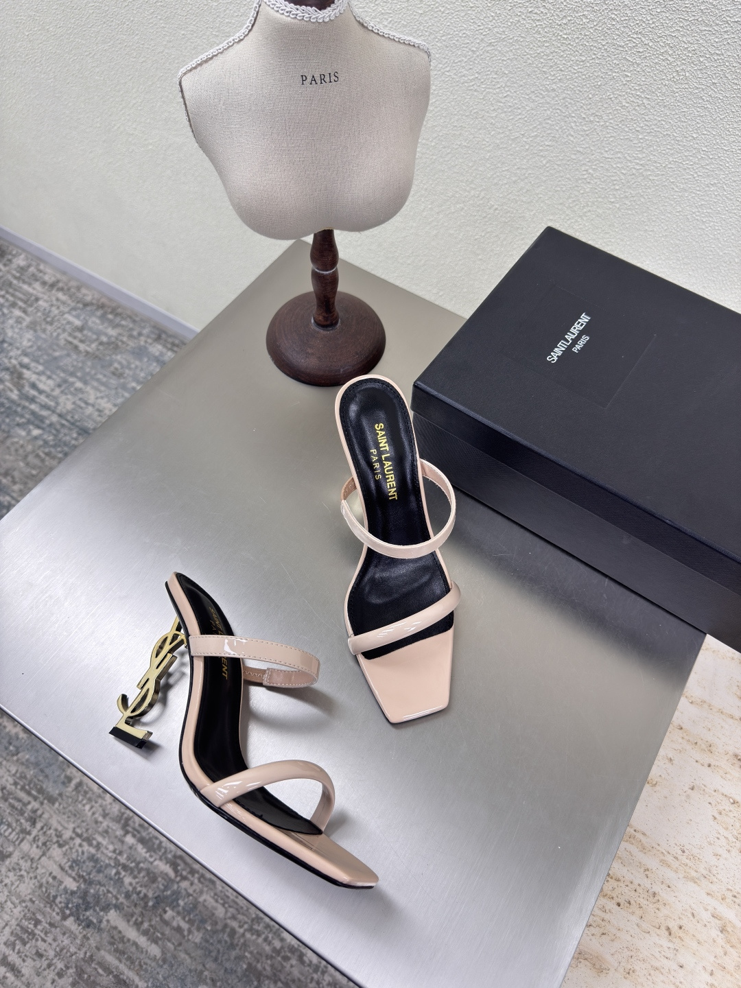 YSL Nude Patent Leather Square Toe Dual Strap YSL Logo Opyum Heel Backless Mules Sandals