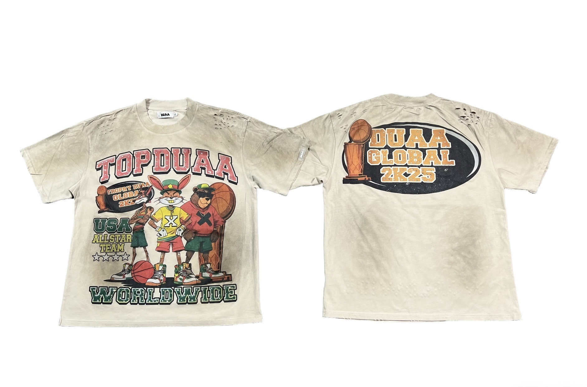 Apricot-colored short-sleeved shirt with an old-fashioned red letter logo and basketball player print