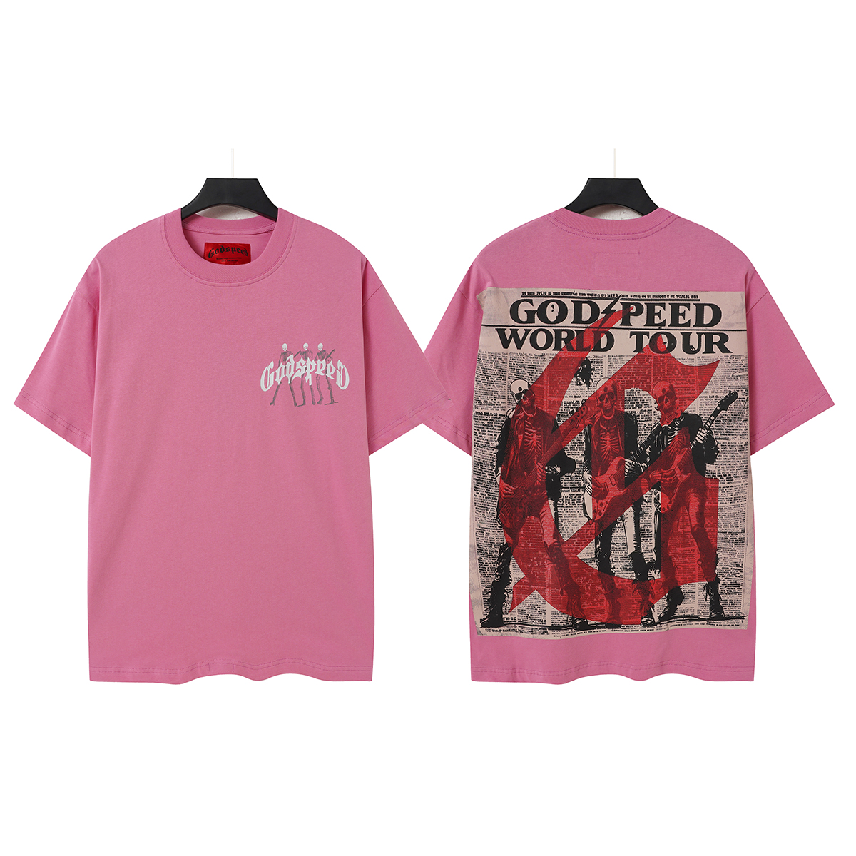 Pink skeleton guitarist vintage newspaper print short-sleeved shirt
