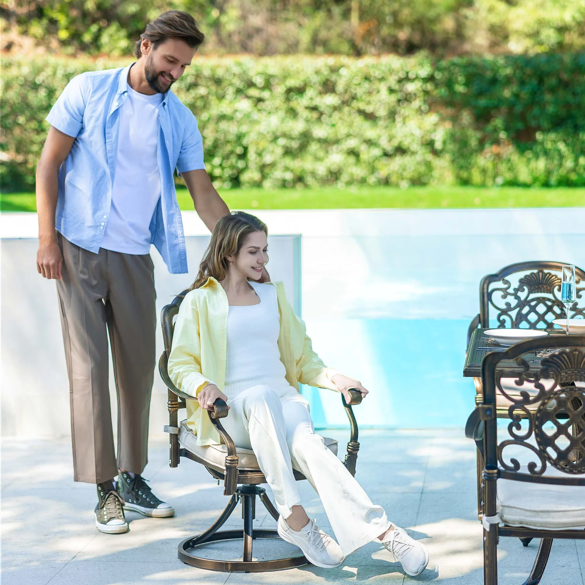 7-Piece Patio Furniture Dining Set, All-Weather Cast Aluminum Outdoor Table and Chairs for 6, Includes 4 Dining Chair & 2 Swivel Chairs & 60 Rectangular Table, Beige