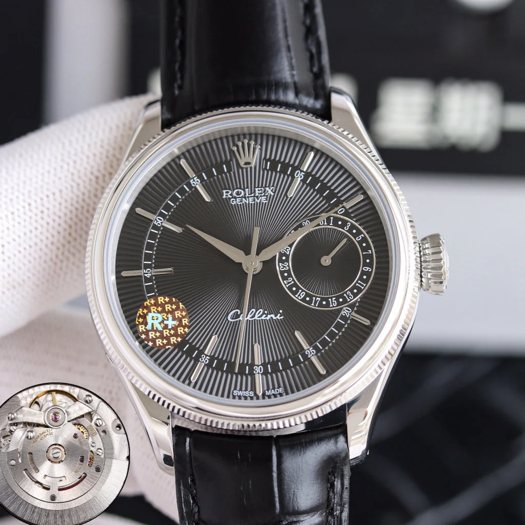 Rolex Watch Cellini 39mm Silver Black Leather