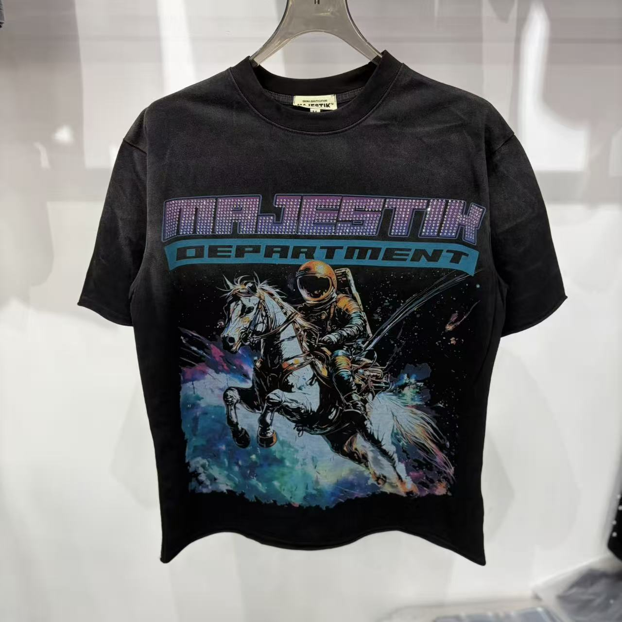 Riding alien starry sky background printed short-sleeved shirt