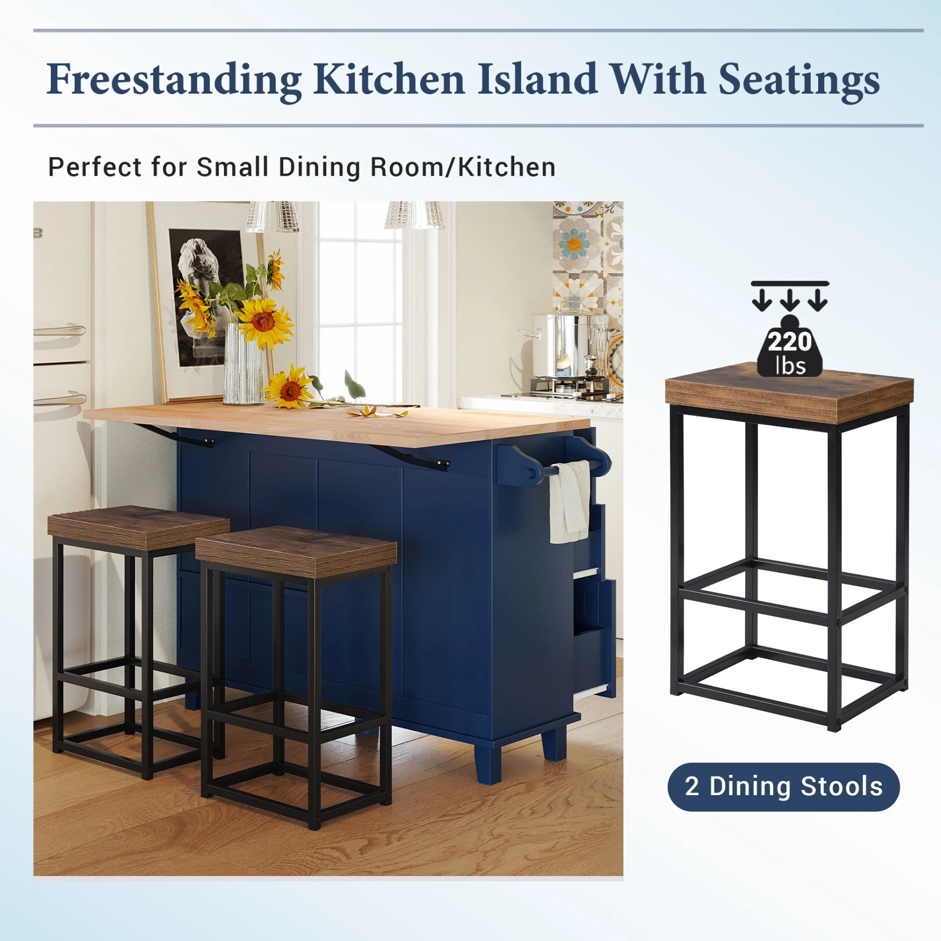 3 Pieces Farmhouse Style Kitchen Island Set with 2 Dining Stools, Kitchen Island with Adjustable Shelf, 4 Drawers, 2-Door Cabinet, Towel Rack & Rubber Wood Tabletop, Blue