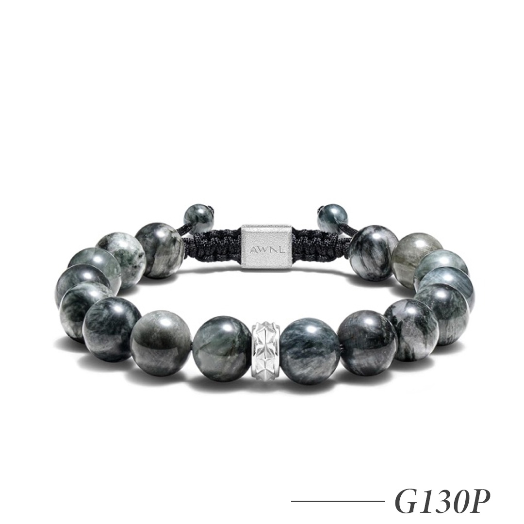 G130P-Men's Hawk Eye and Charoite Beaded Bracelet with Sterling Silver Charm 10mm