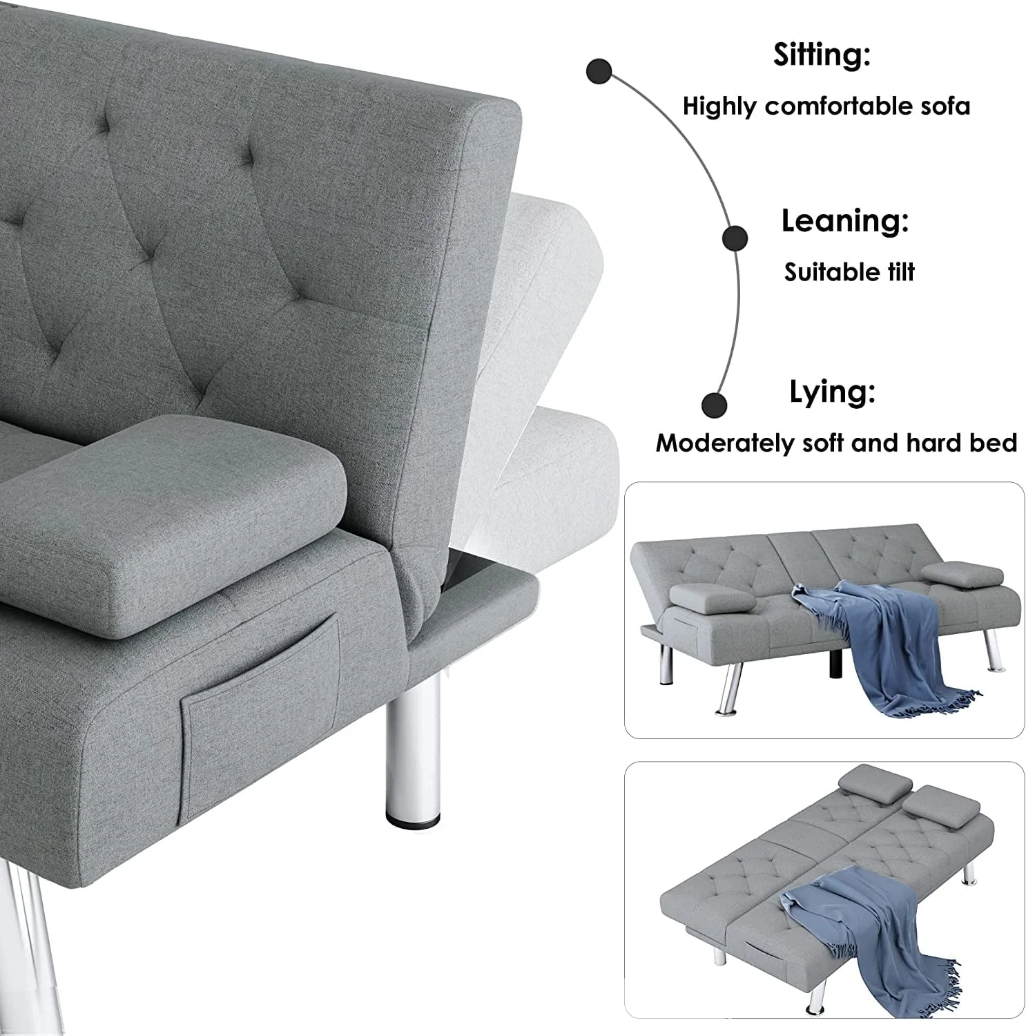 Homfa Convertible Futon Sofa Bed, 66.3'' Upholstered Removable Armrests,Gray Finish