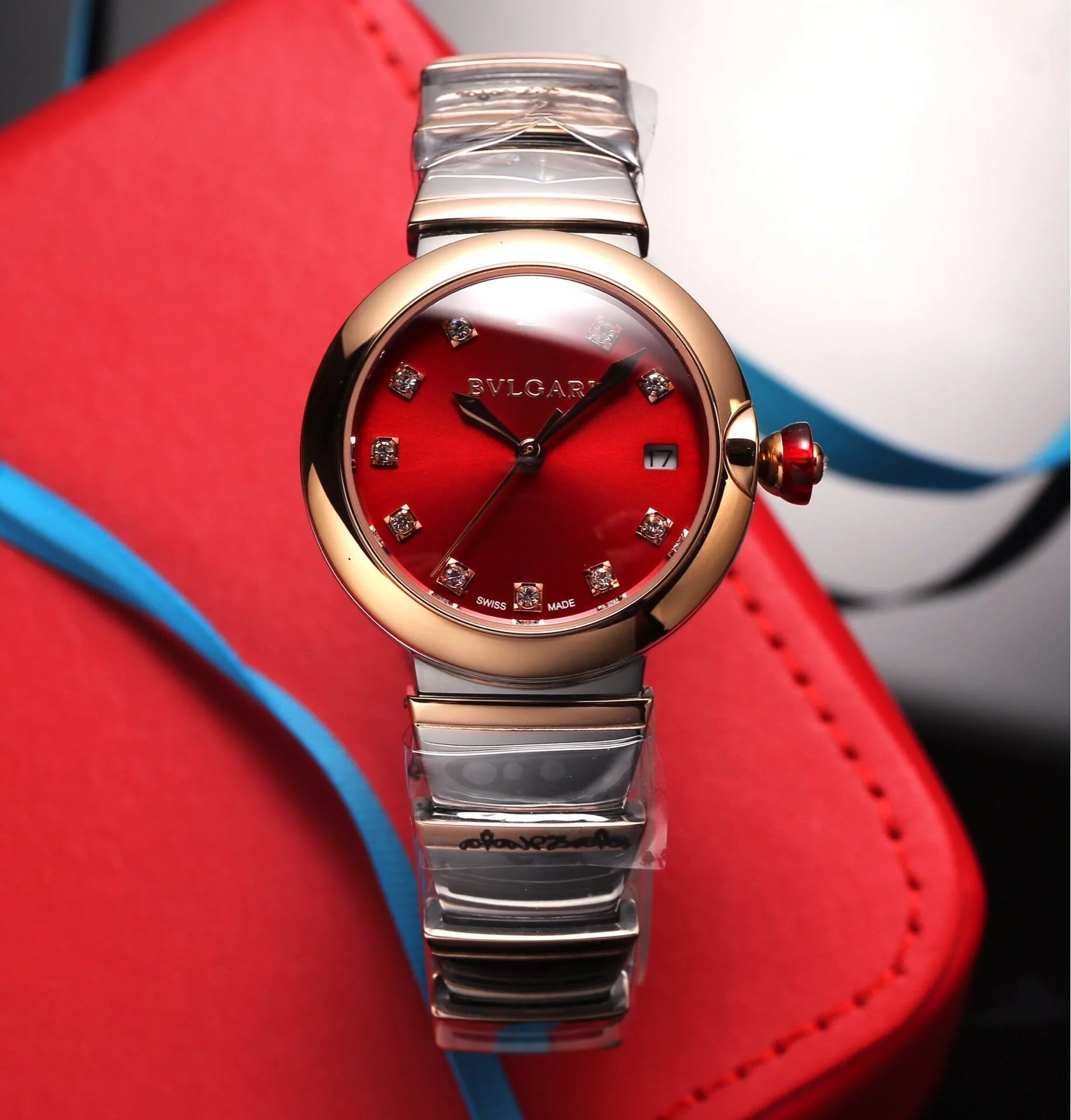 BVL Watch LVCEA 33 PINK GOLD STEEL RED DIAL