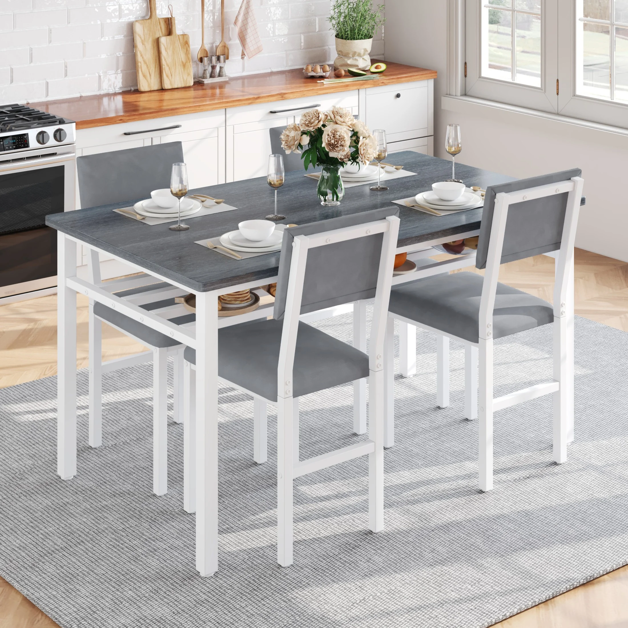 UHOMEPRO 5 Piece Dining Room Table Set, Modern Dining Table Set with 4 Velvet Upholstered Chairs and Storage Shelf for Dining Room Breakfast Nook, Rectangle Kitchen Table Set for 4, Gray