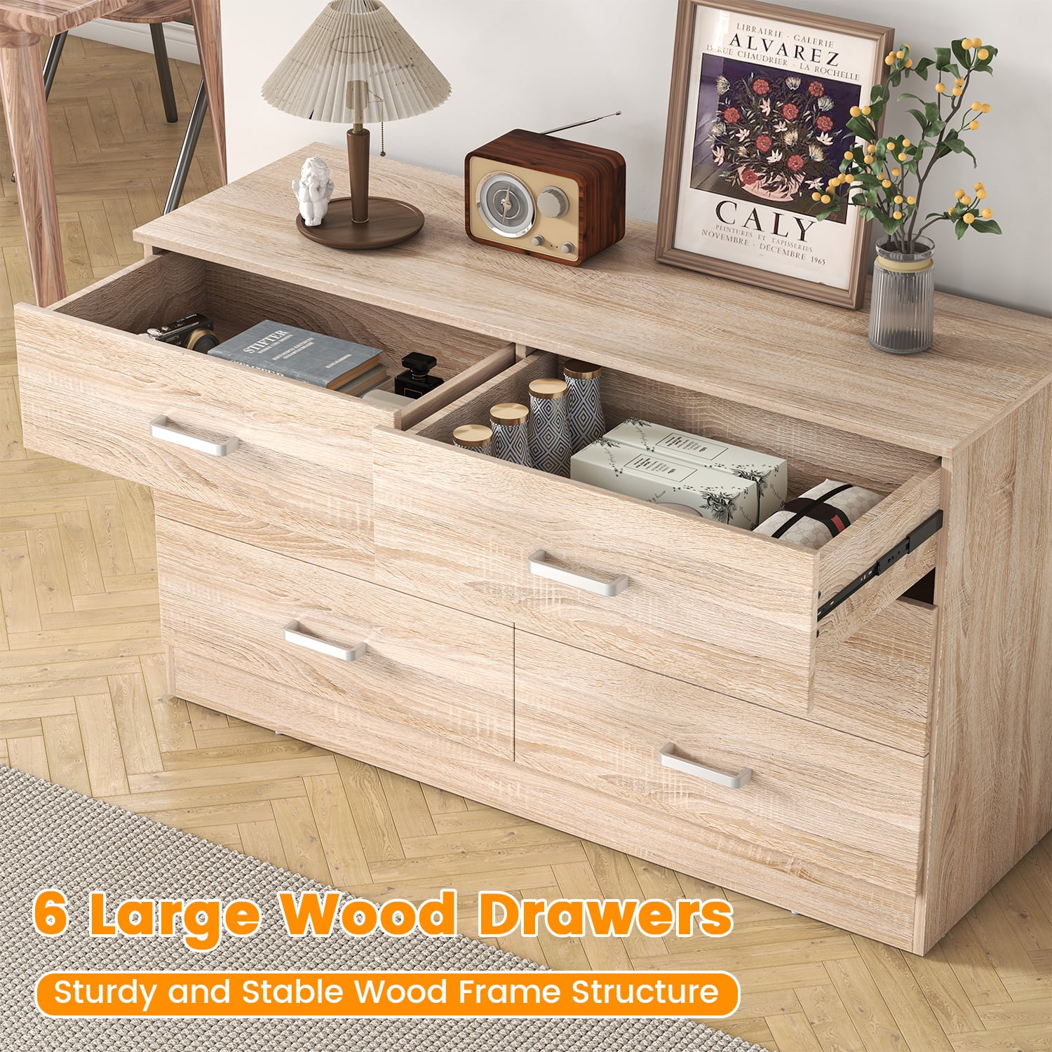 Winkalon 6 Drawer Oak Double Dresser,Wood Storage Cabinet with Easy Pull Out Handles for Living Room,Chest of Drawers for Bedroom
